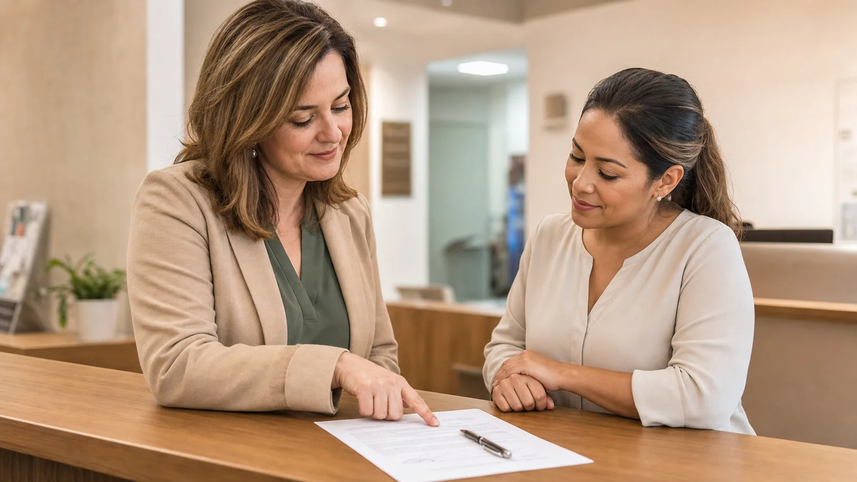 Une responsable conformité à l'accueil d'une clinique examinant un business associate agreement signé avec un collègue
