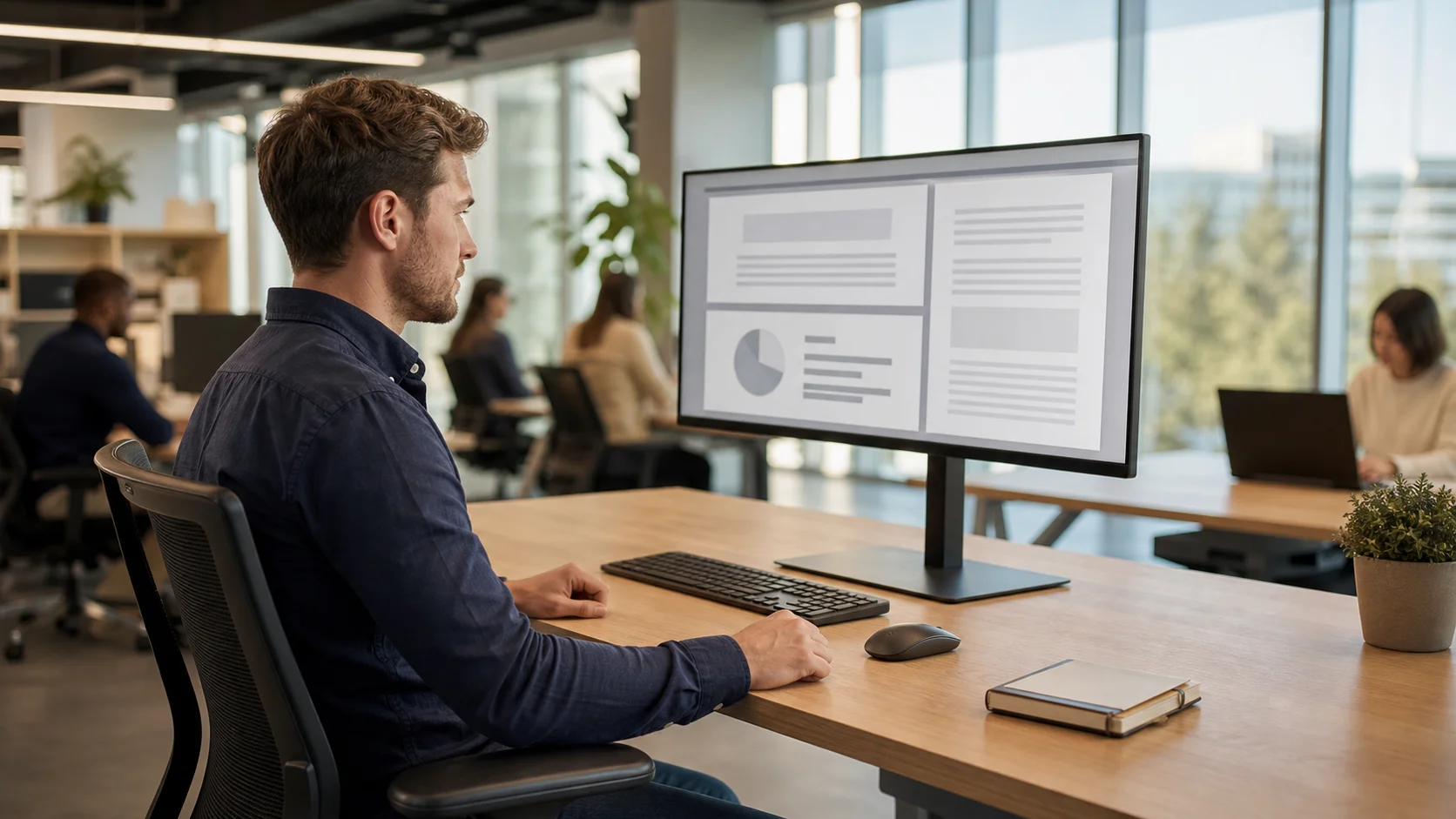 Un profesional revisa los detalles de un contrato en un monitor de escritorio en una oficina moderna y luminosa, con luz natural y un espacio organizado