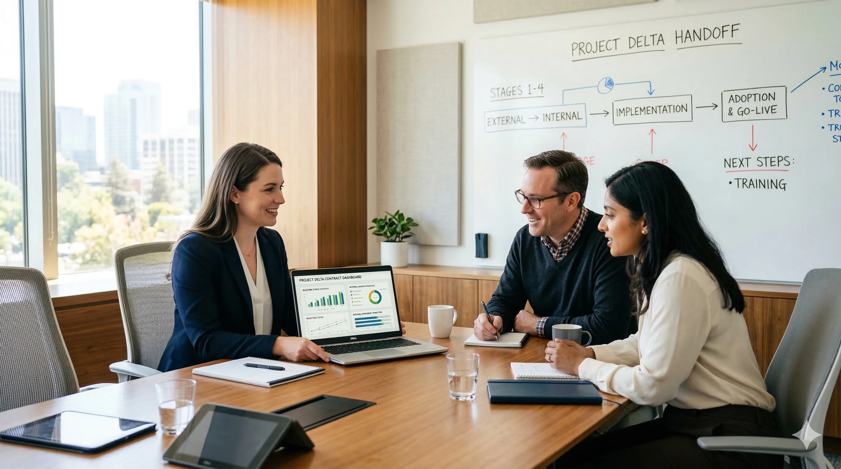 External consultant handing off contract management platform to internal team during transition meeting