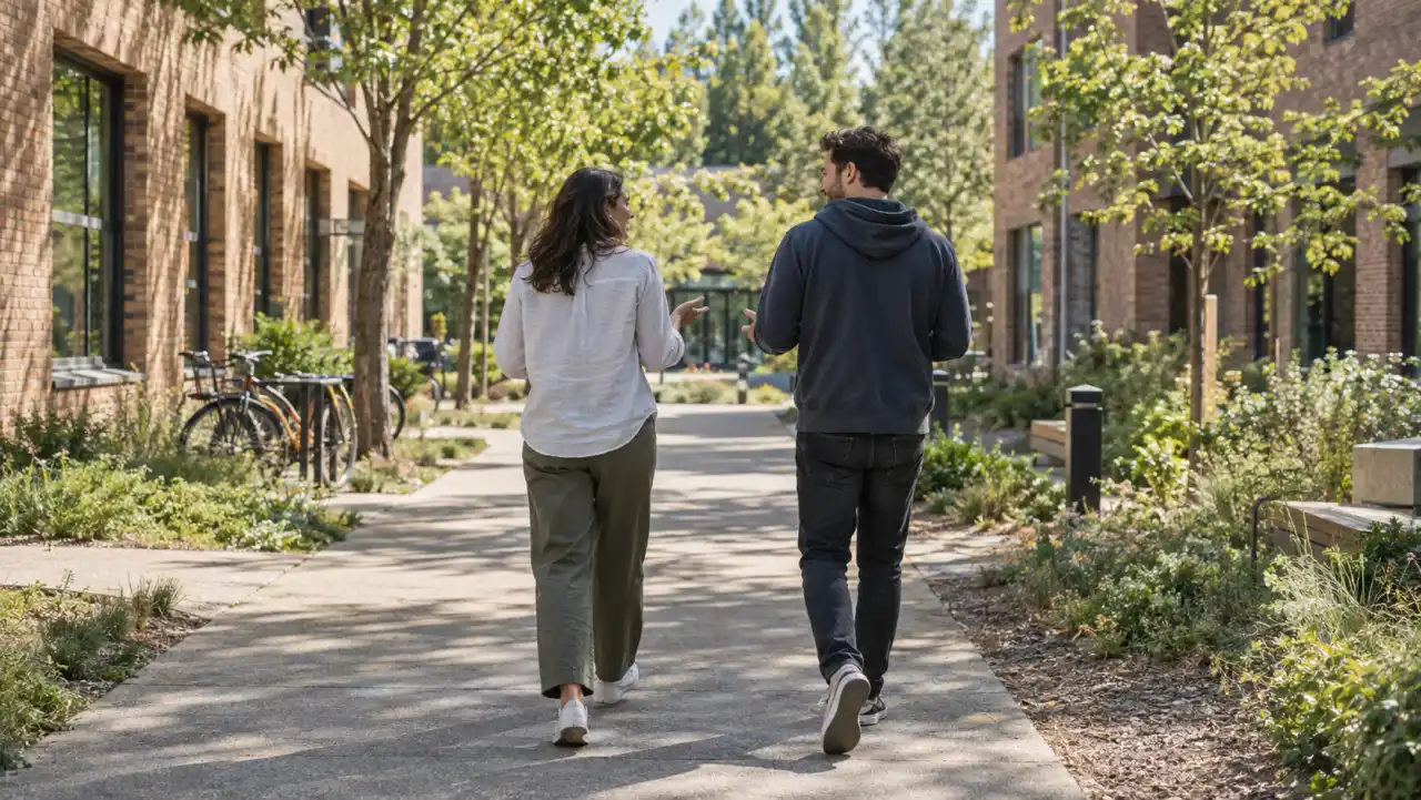 Two co-founders walking and talking on a sunlit campus path between brick buildings.