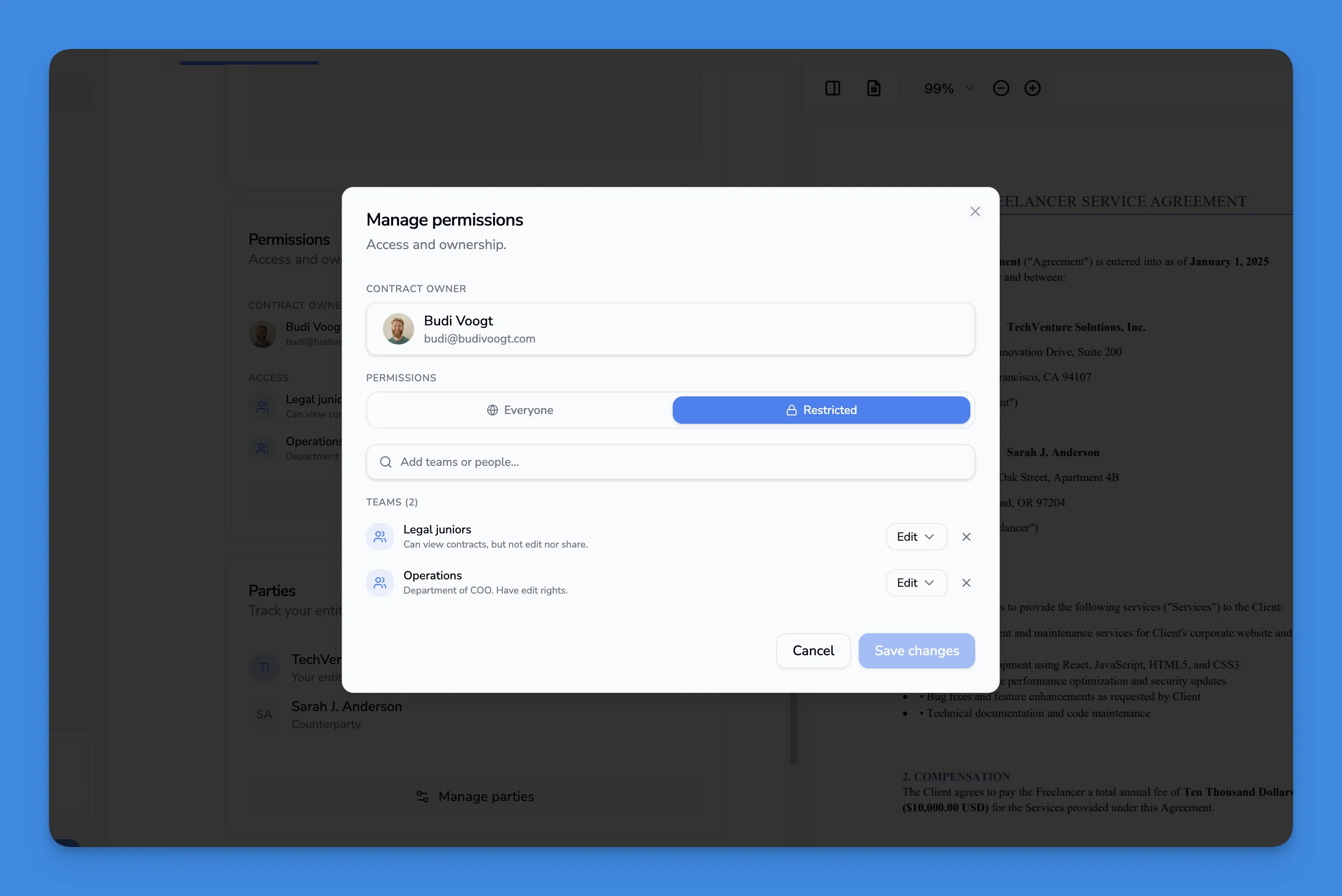 Manage permissions drawer with owner, restricted toggle, and team access levels