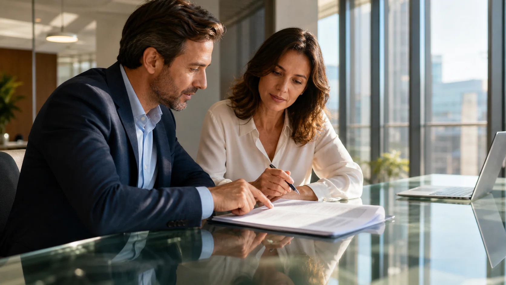 Legal and operations team members reviewing a contract at a conference table with natural light streaming through large office windows