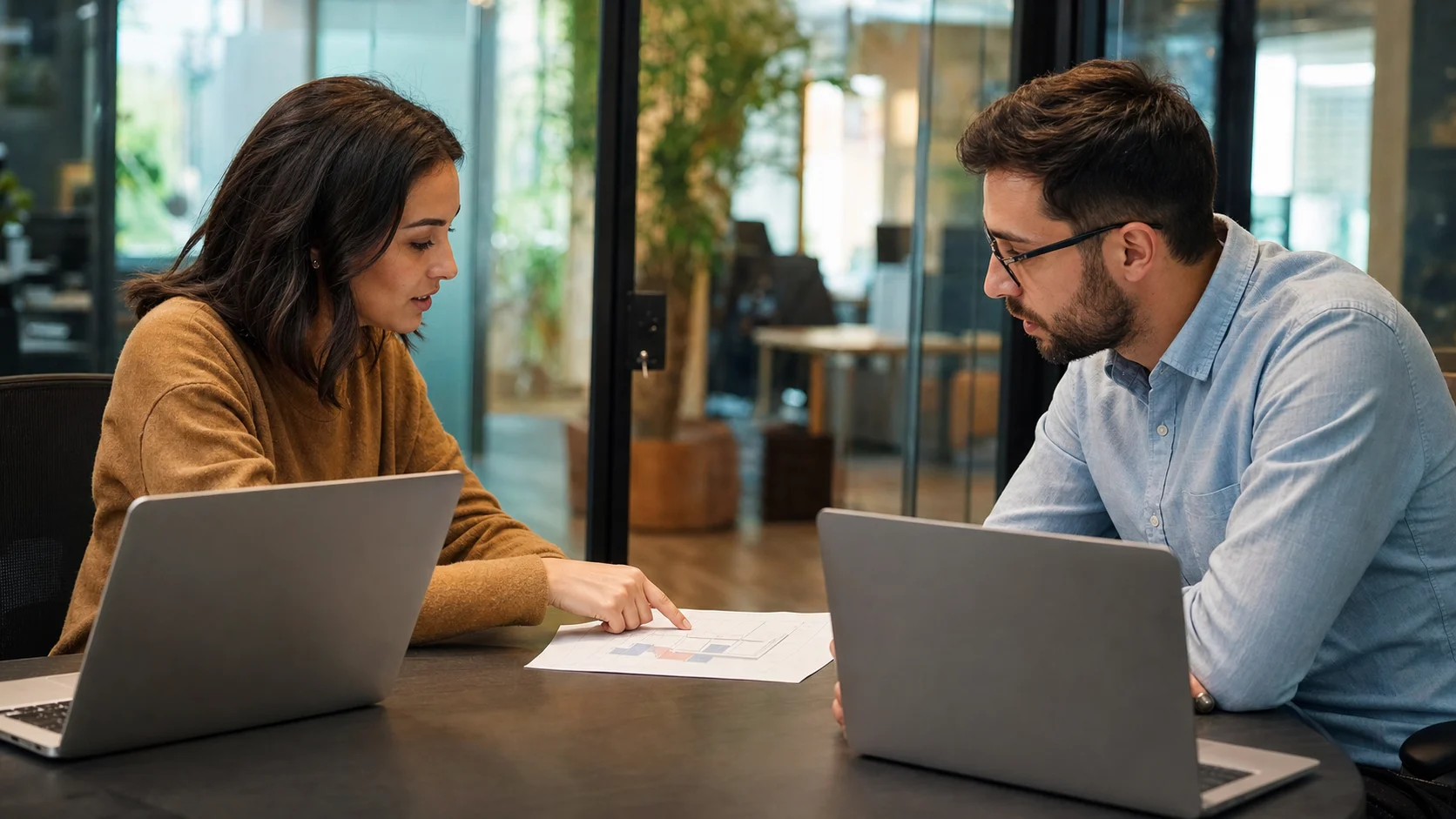 Tech company team reviewing contract documents together in a modern office space with laptops and printed materials on the table