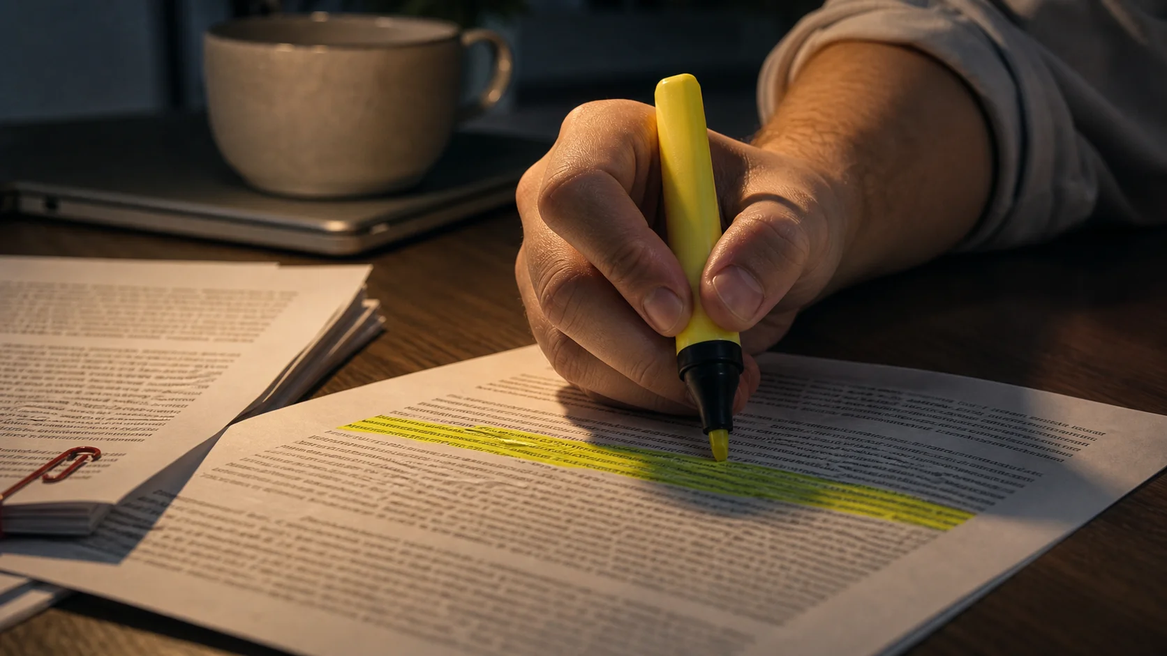 Une pile de pages de contrat imprimées disposées sur un bureau, chaque page annotée avec des surligneurs de couleurs différentes, un stylo posé dessus