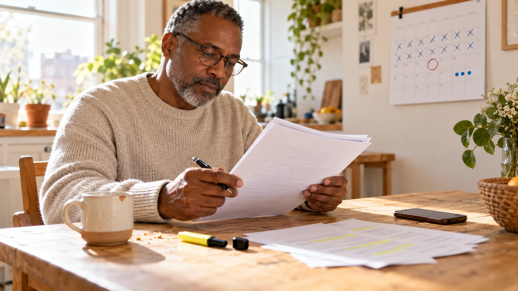 Departing employee reading a separation agreement at a kitchen table with a marked calendar behind him