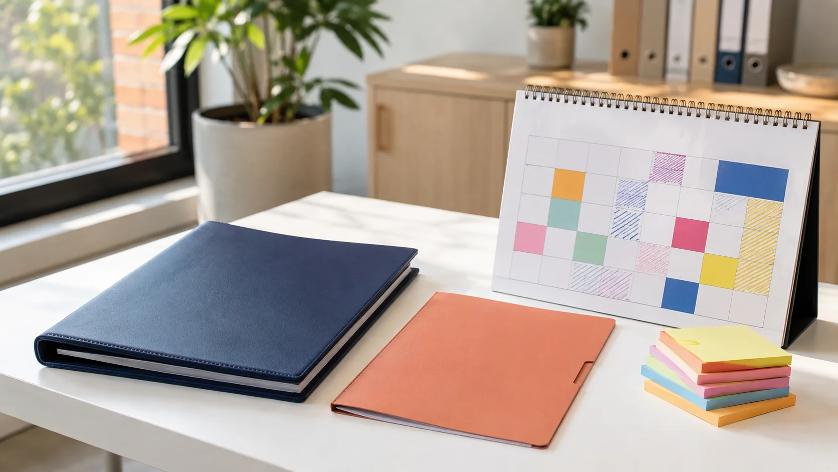 Stängd mapp, tunnare dokumentmapp och en färgmarkerad kalender på ett solbelyst skrivbord