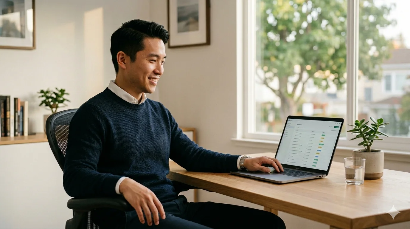 Finance professional confidently managing lease portfolio with automated tracking software