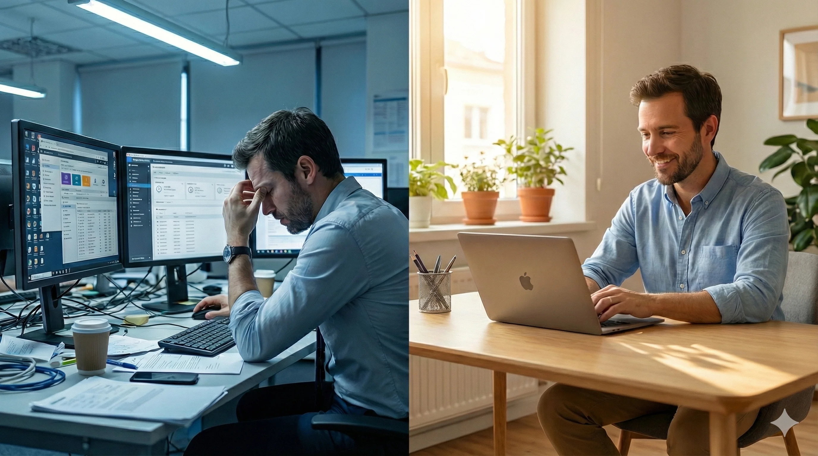 Visuele vergelijking die complexe bedrijfssoftware met ingewikkelde workflows laat zien versus een gestroomlijnde oplossing voor kleine bedrijven met een eenvoudige, overzichtelijke interface