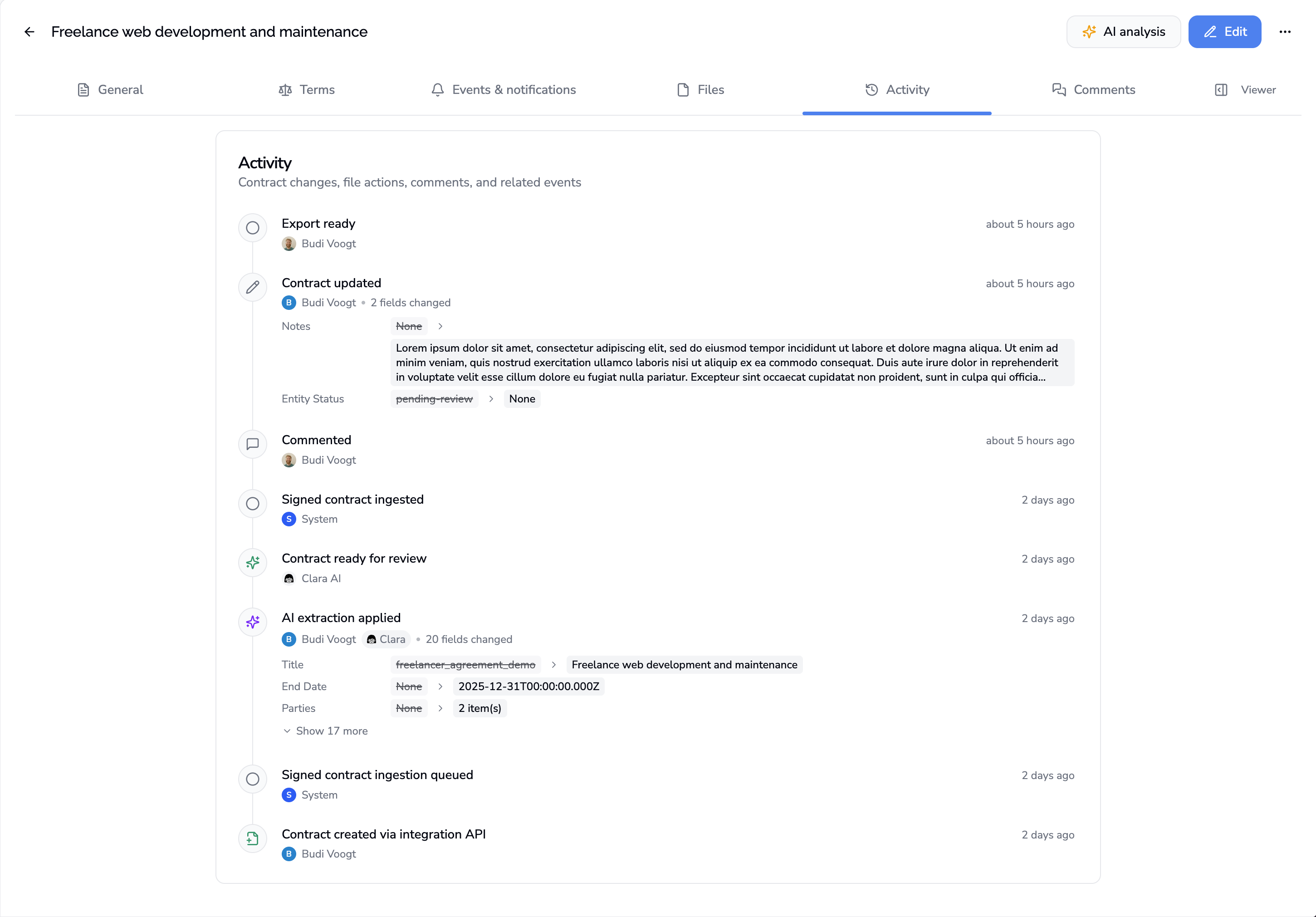 Tabblad Activity op een Contracko-contract met de volledige audittrail van aanmaak, bewerkingen, AI-extractie en opmerkingen