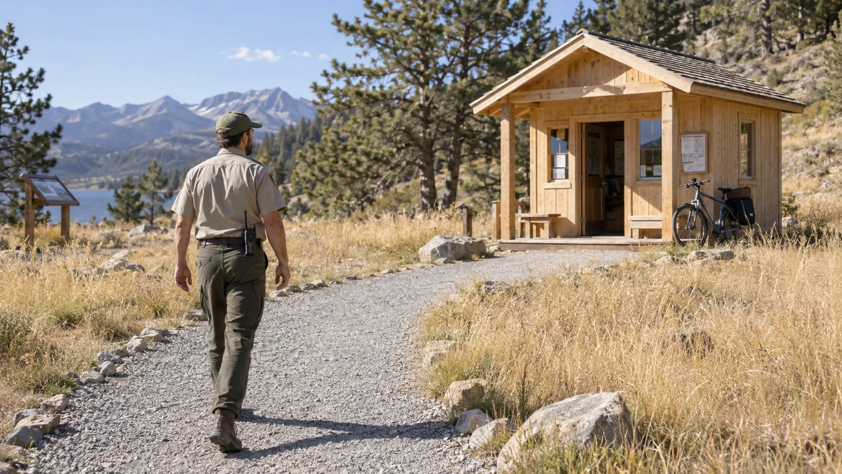 A park ranger walking a gravel path toward a small timber visitor hut in bright midday sun.