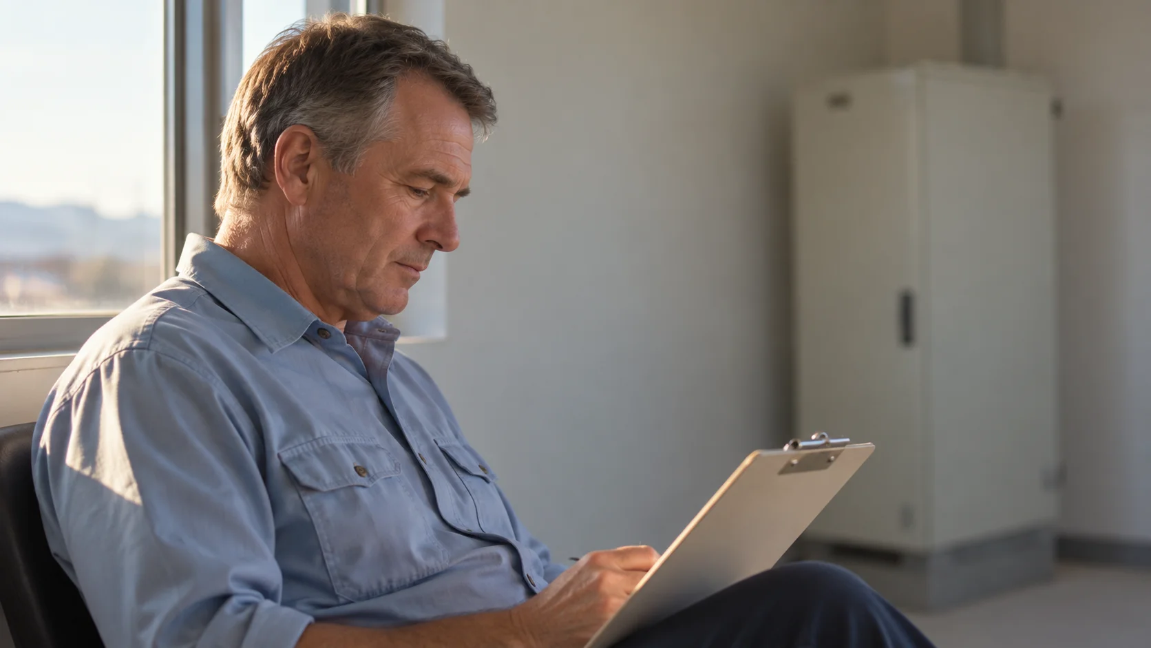 A commissioning engineer quietly checking a clipboard beside a window, with the equipment room softly blurred behind him.