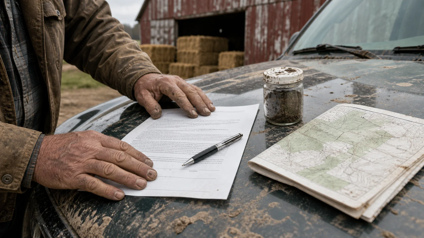 A farmer reviewing a lease document at a wooden gate with fields in the background at dawn