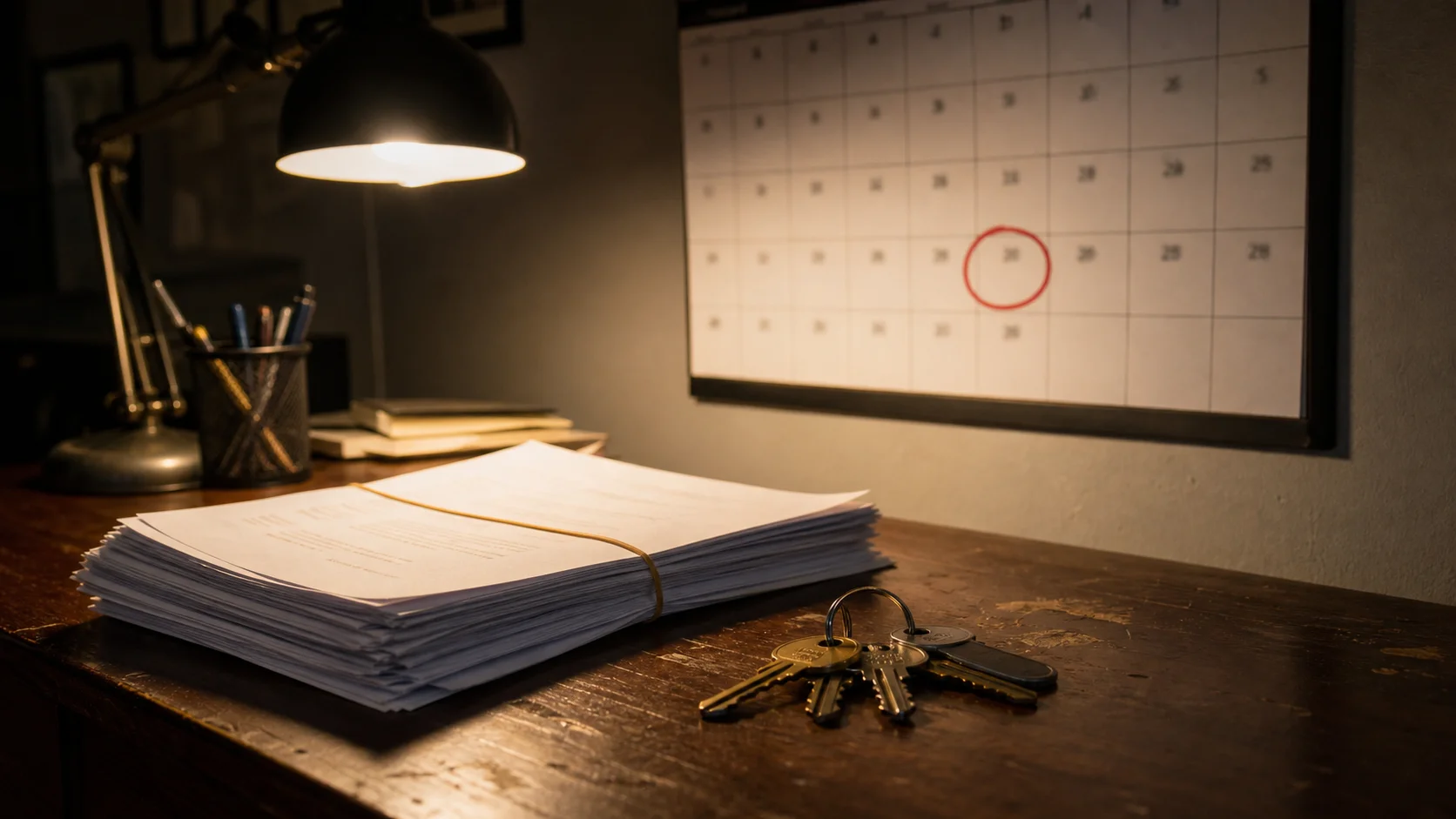 Un calendrier mural avec une date entourée au feutre rouge posé sous la lumière d'une lampe de bureau à côté d'une pile de documents de bail et d'un jeu de clés, marquant une échéance critique de bail commercial.