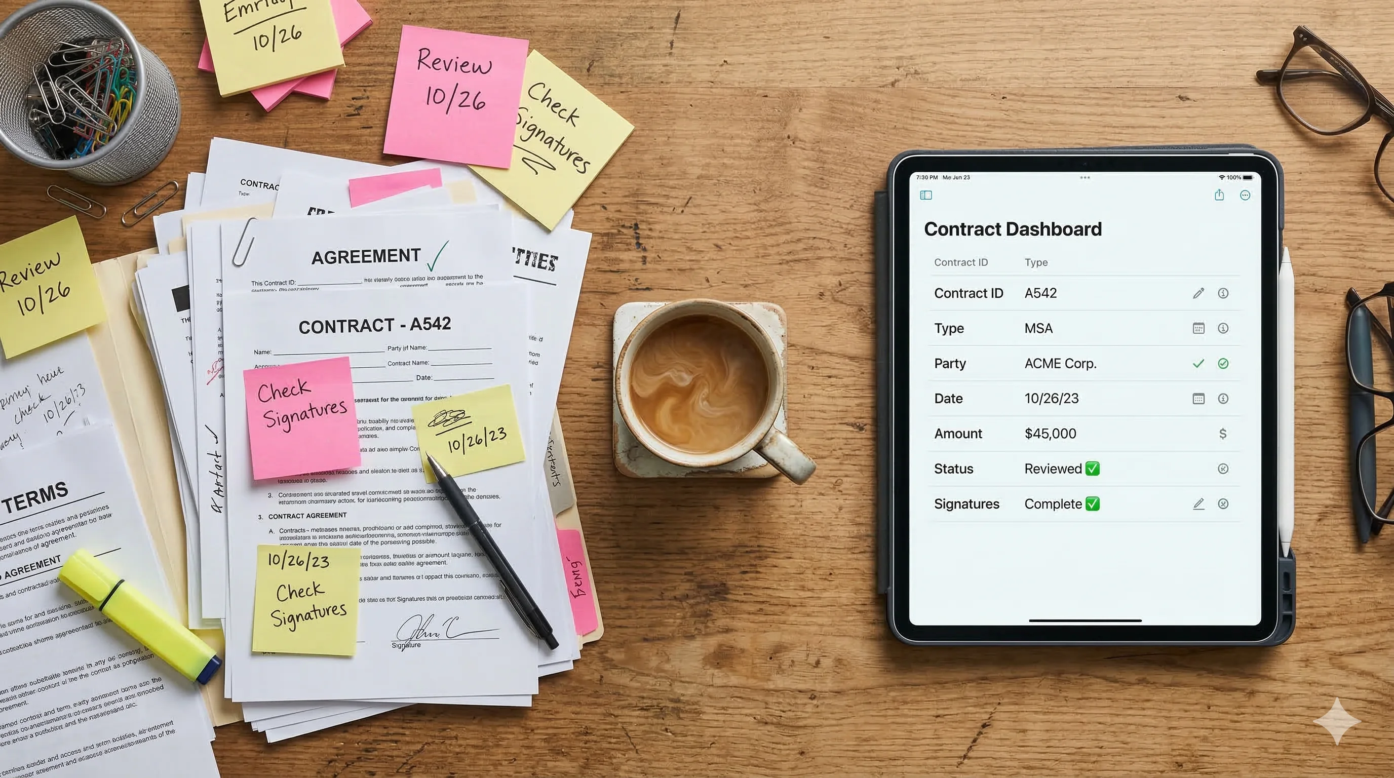 Vergelijking van papieren contracten met handmatige notities versus georganiseerde digitale contractdata op een tablet