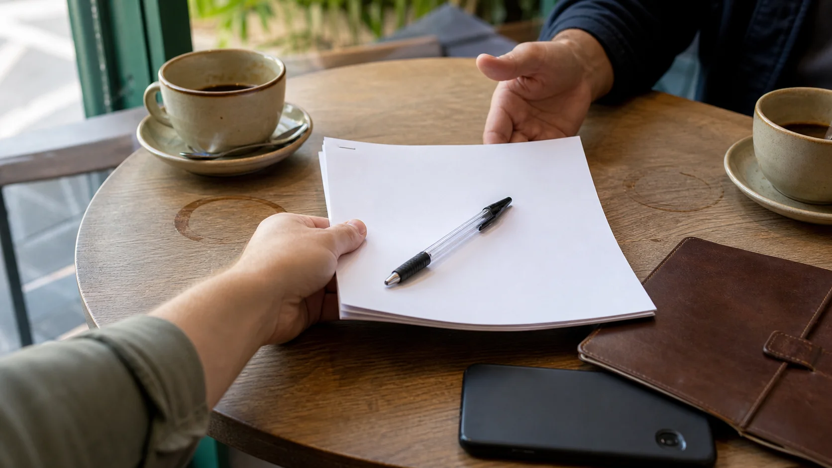 A hand slides a signed non-disclosure agreement across a wooden desk toward a waiting pen, the top clause partially redacted with a black marker line under warm desk-lamp light.