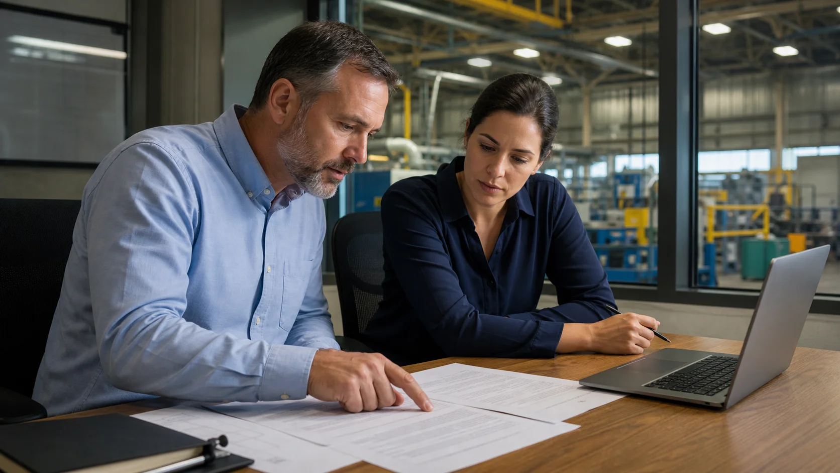 A plant manager and procurement coordinator reviewing equipment service agreements at a manufacturing facility workstation, with industrial machinery visible in the background
