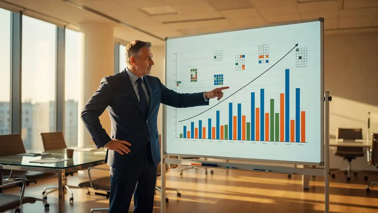 Man in a suit pointing at a year graph on a presentation board