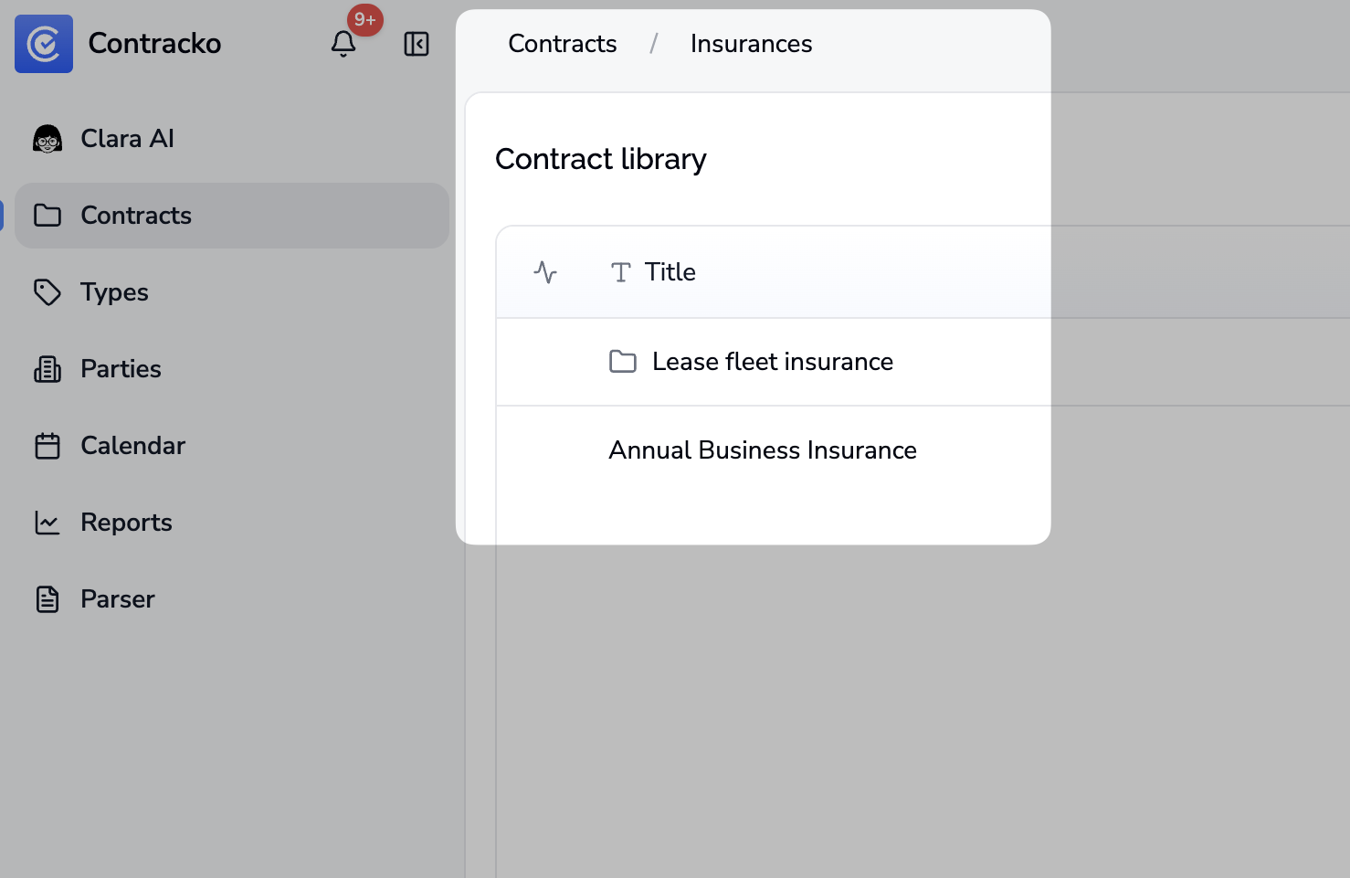 Insurances folder open showing a nested Lease fleet insurance subfolder alongside contracts