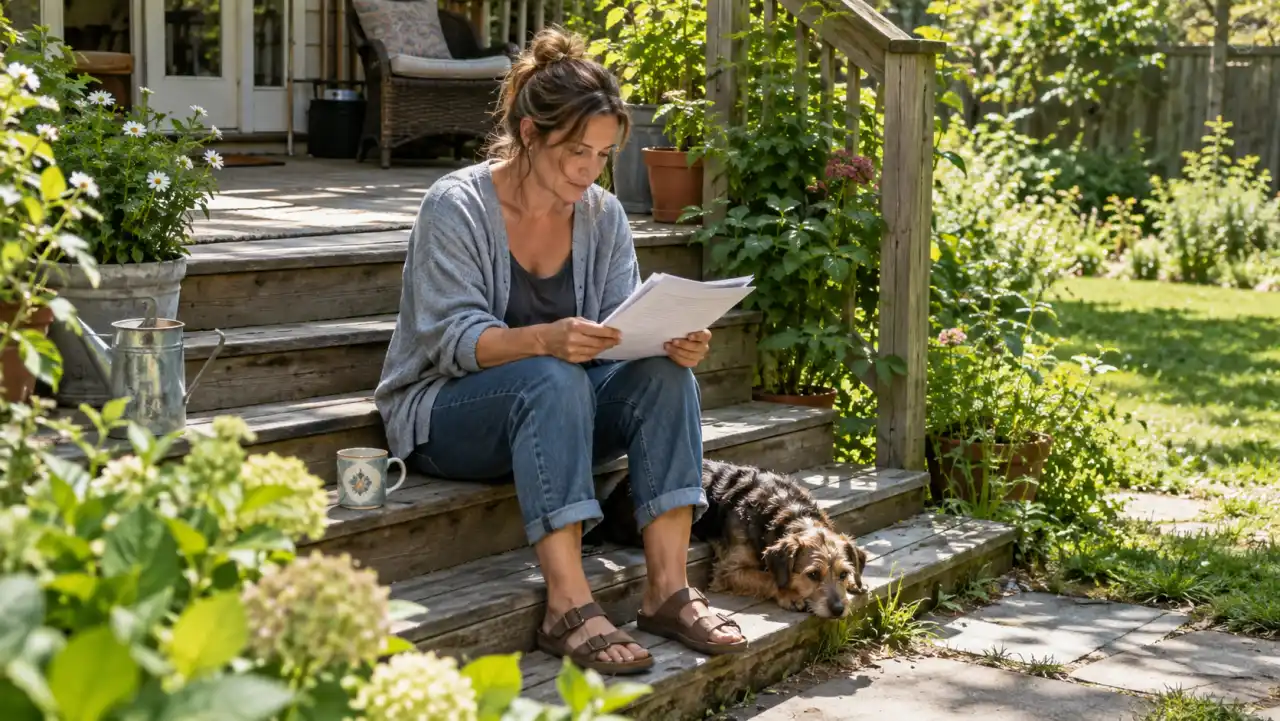 A woman sitting on sunny back-porch steps reading an unmarked packet with a mug and a small dog nearby.
