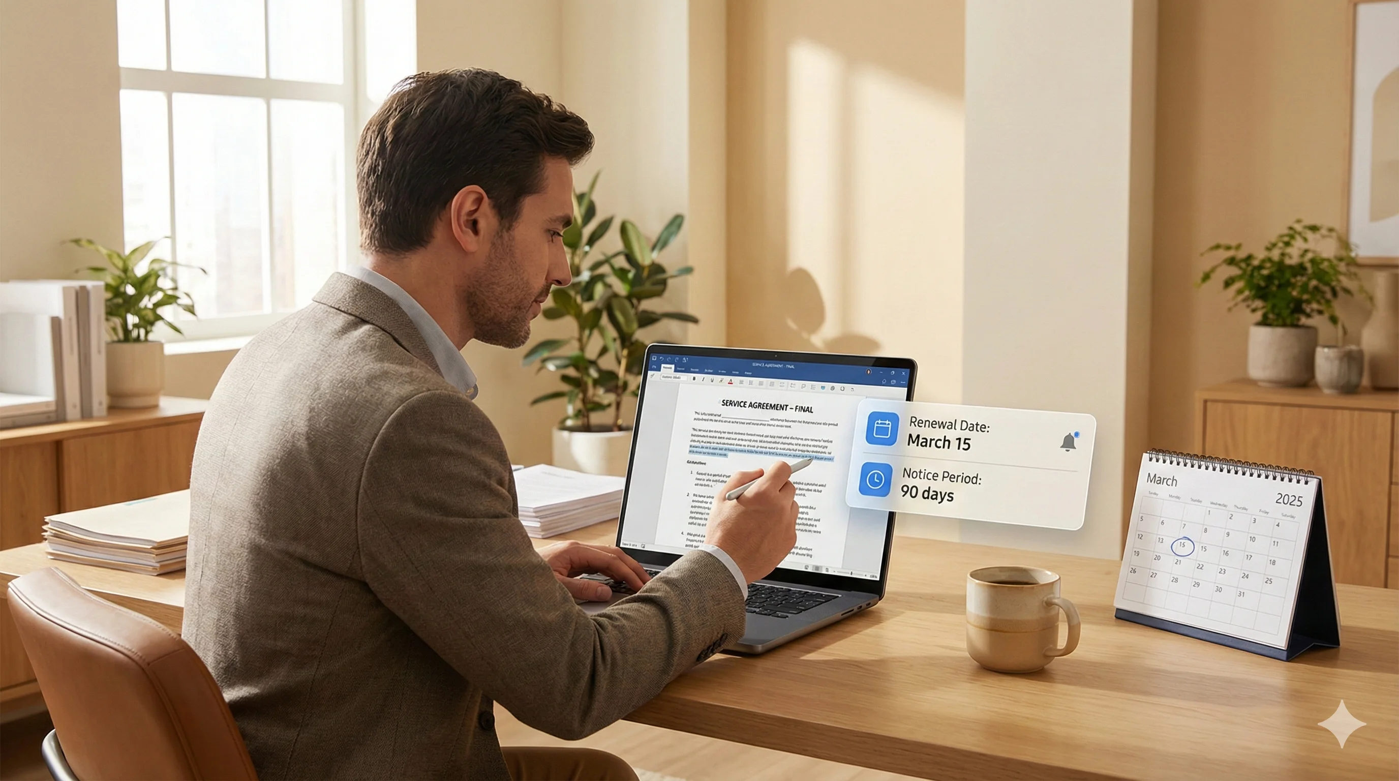Professional reviewing contract details on laptop with deadline tracking overlay showing renewal dates and notice periods
