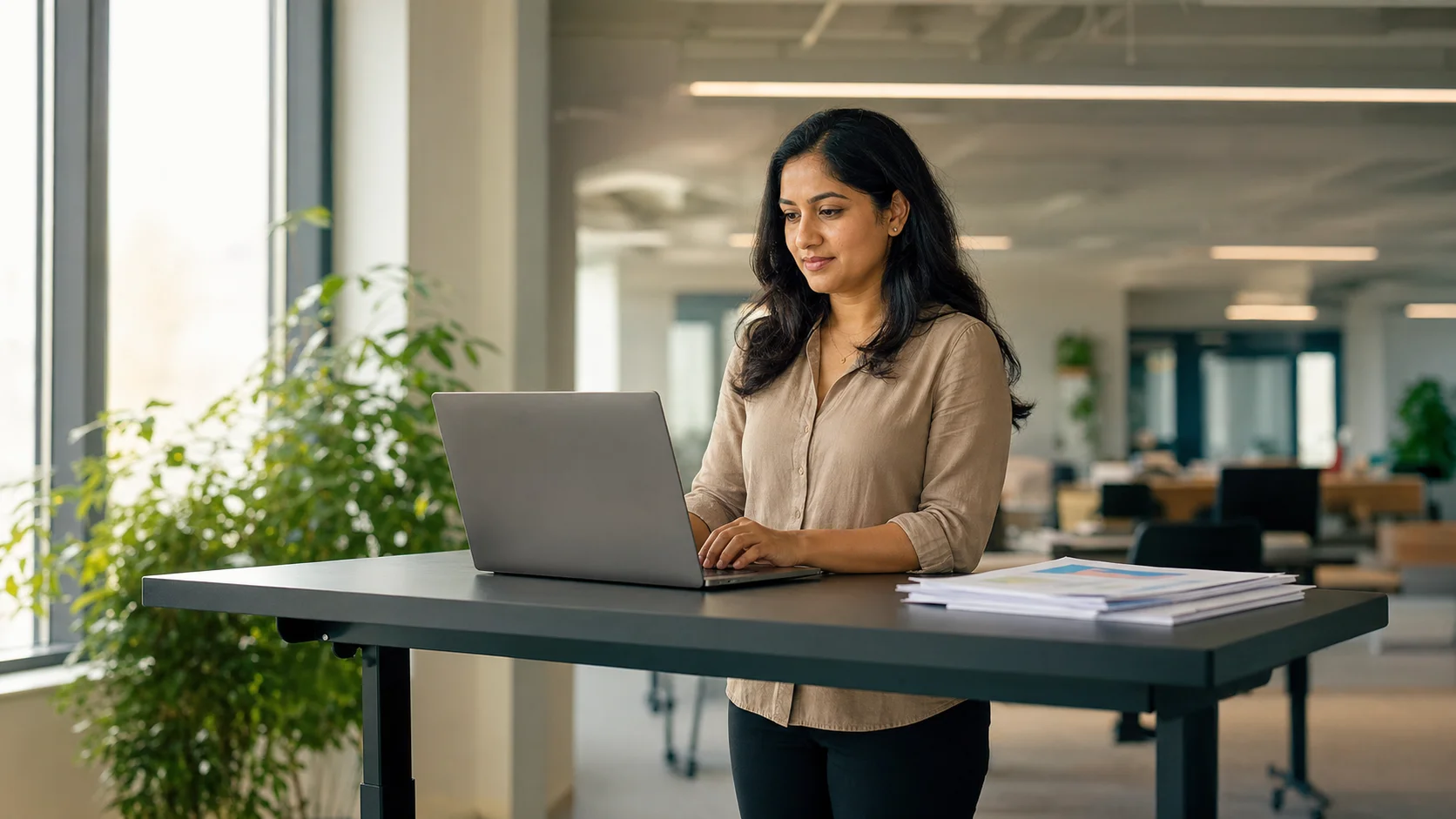Responsabile finance che controlla le date dei contratti su un portatile a una scrivania in piedi, luce naturale calda da una finestra vicina, nessun testo visibile sullo schermo