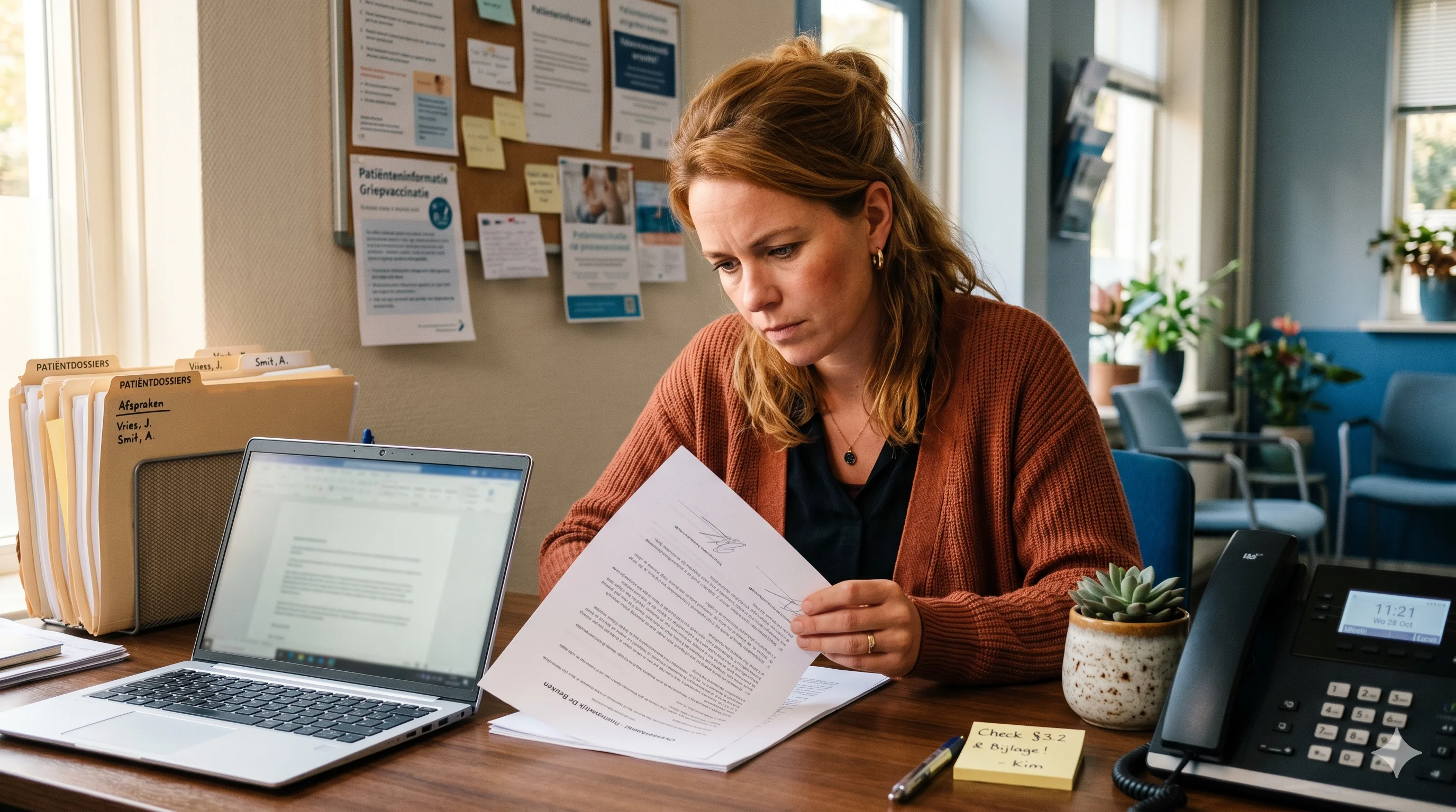 Een praktijkmanager bekijkt een contract op een laptop aan de balie van een huisartspraktijk, met patiëntdossiers en een agenda zichtbaar op de achtergrond. Zachte natuurlijke verlichting, warme tinten, ochtend voordat de eerste patiënten arriveren.