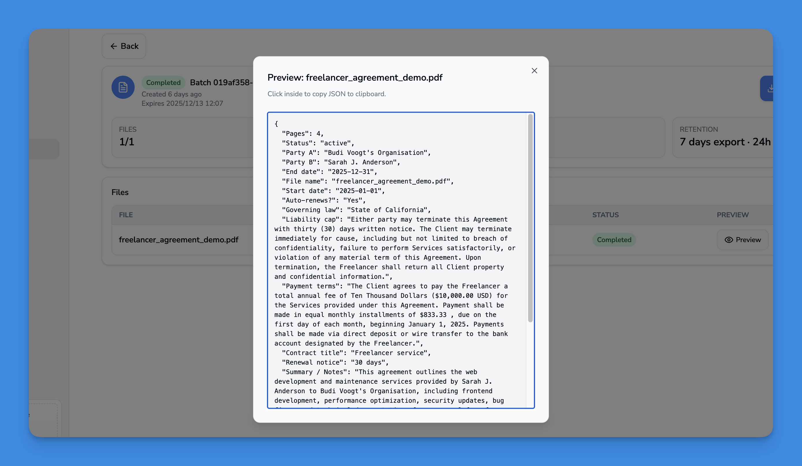 JSON preview of extracted contract data showing parties, dates, renewal terms, payment terms, and AI-generated summary