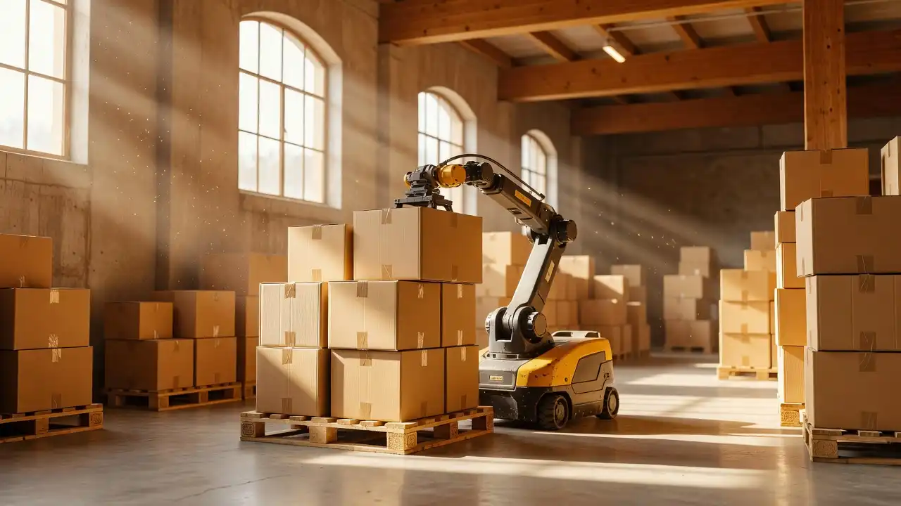 Robot d'entrepôt soulevant des cartons dans une lumière chaude