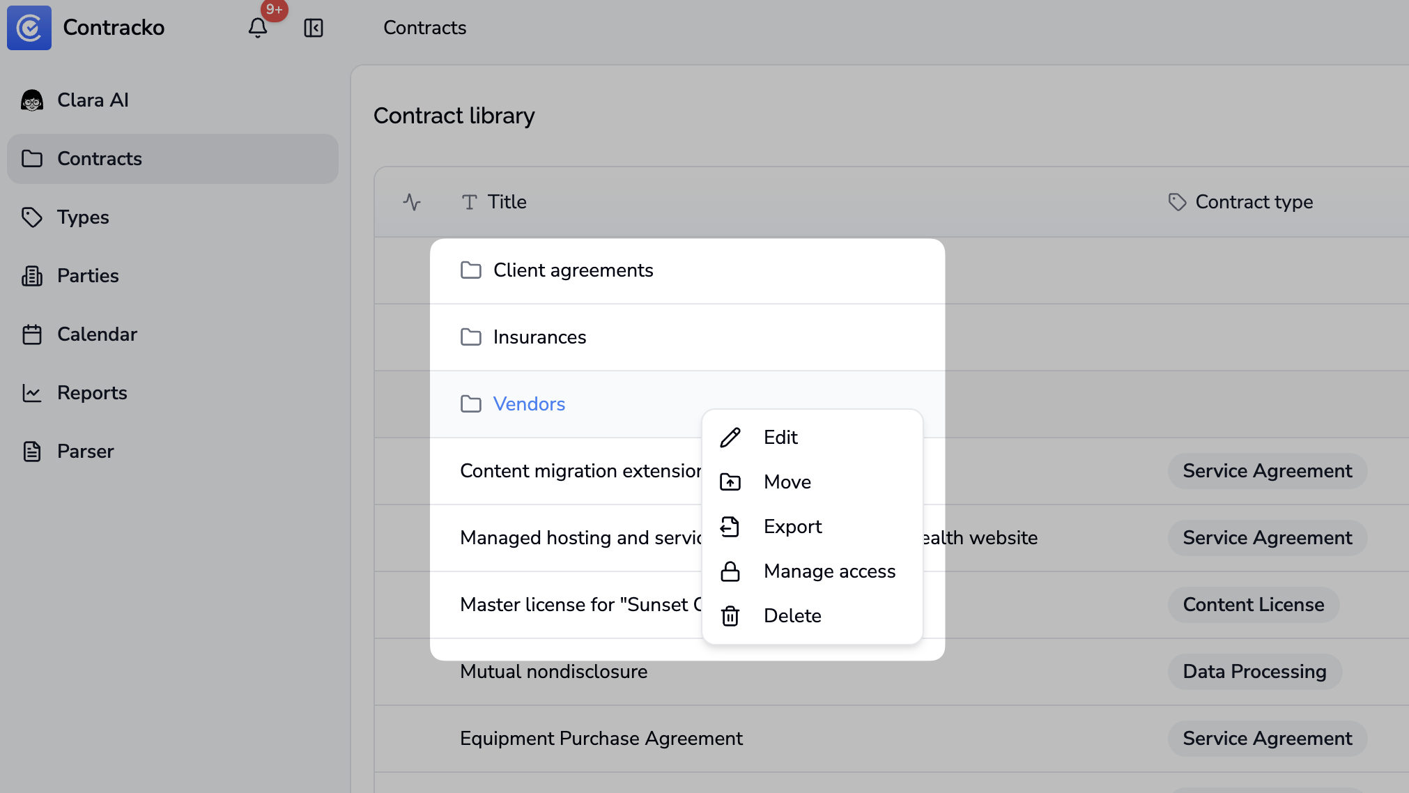 Contracts table with folders at the top and the right-click menu open on a folder showing Edit, Move, Export, Manage access, and Delete actions