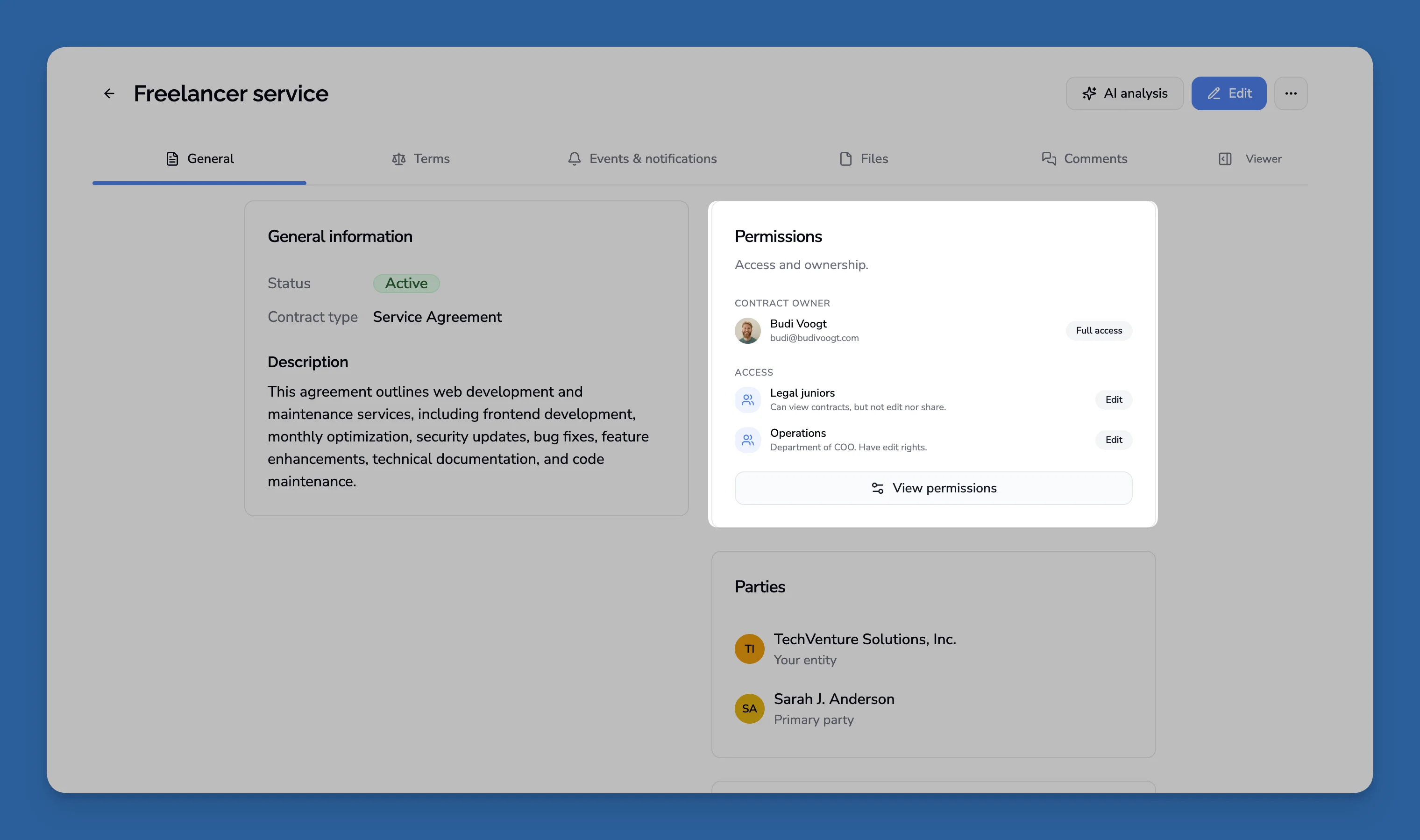 Permissions card on a contract showing owner and group access levels