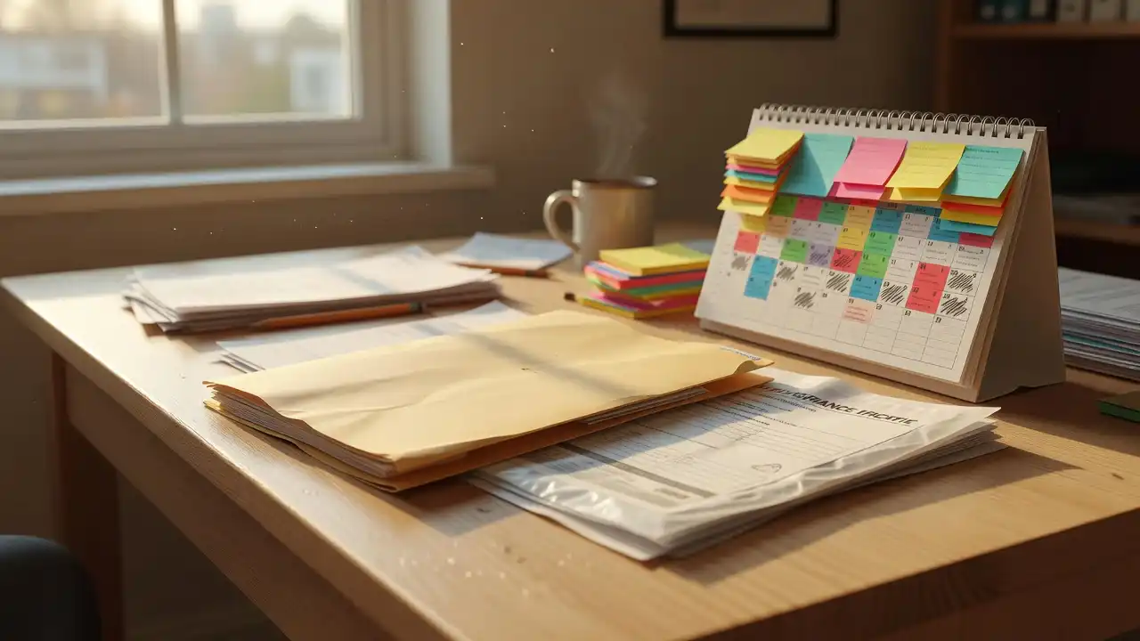 Dossier fermé, pochette d'attestation et calendrier annoté en couleur sur un bureau ensoleillé