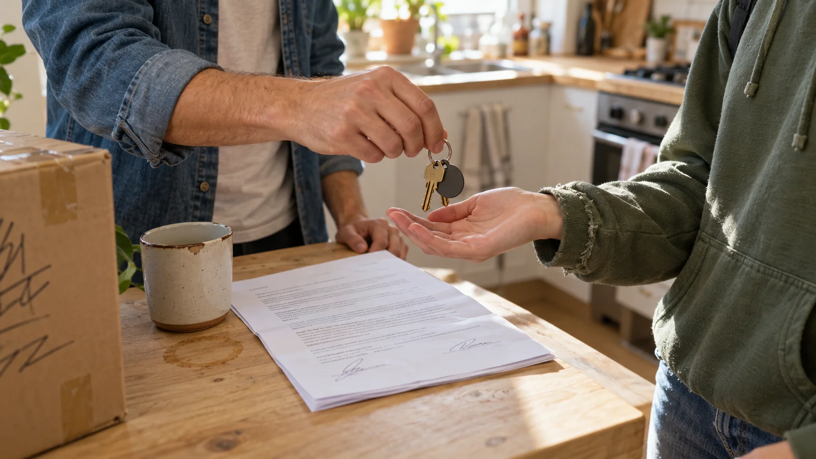 En hyresgäst lämnar över lägenhetsnycklar och ett underskrivet andrahandskontrakt till en andrahandshyresgäst vid en solig köksbänk, med en flyttkartong bredvid.