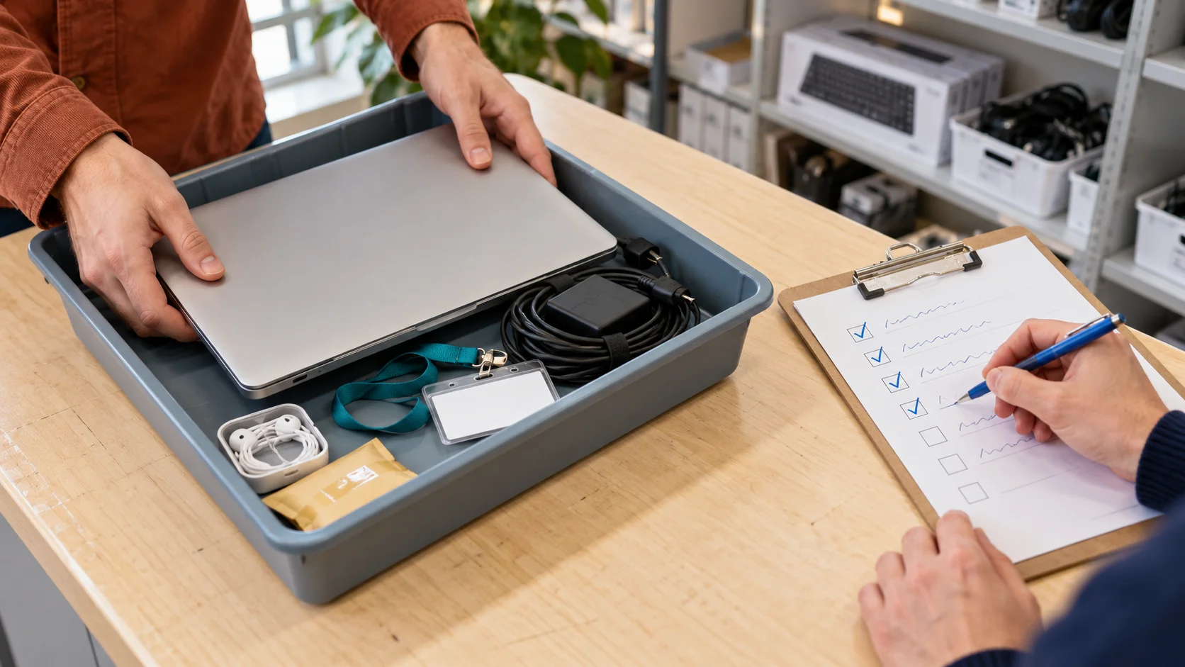 Departing employee returning a laptop, charger, and access badge at an IT counter as staff tick a checklist