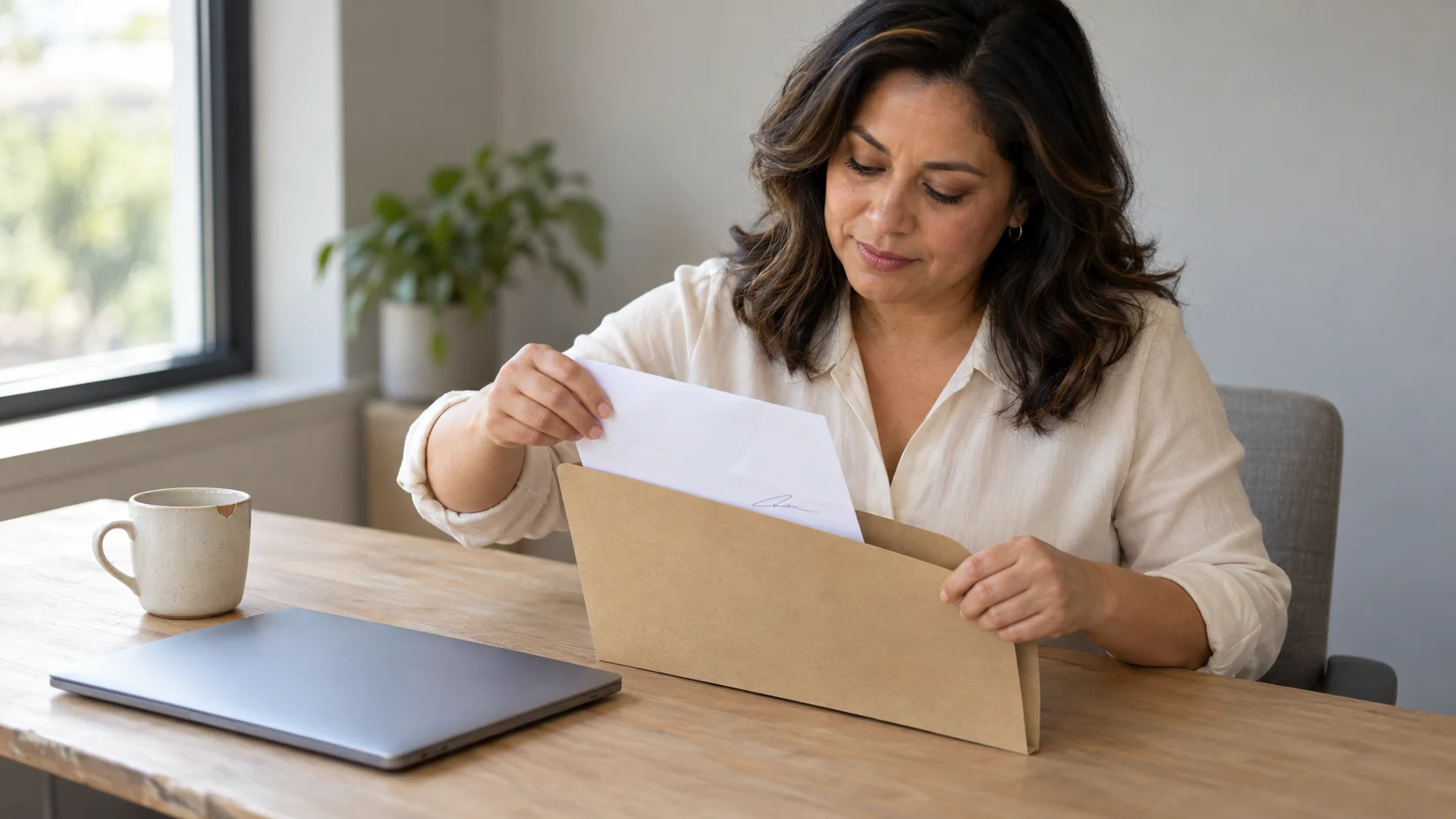 Practice manager filing a signed letter into a folder at a tidy desk by a window