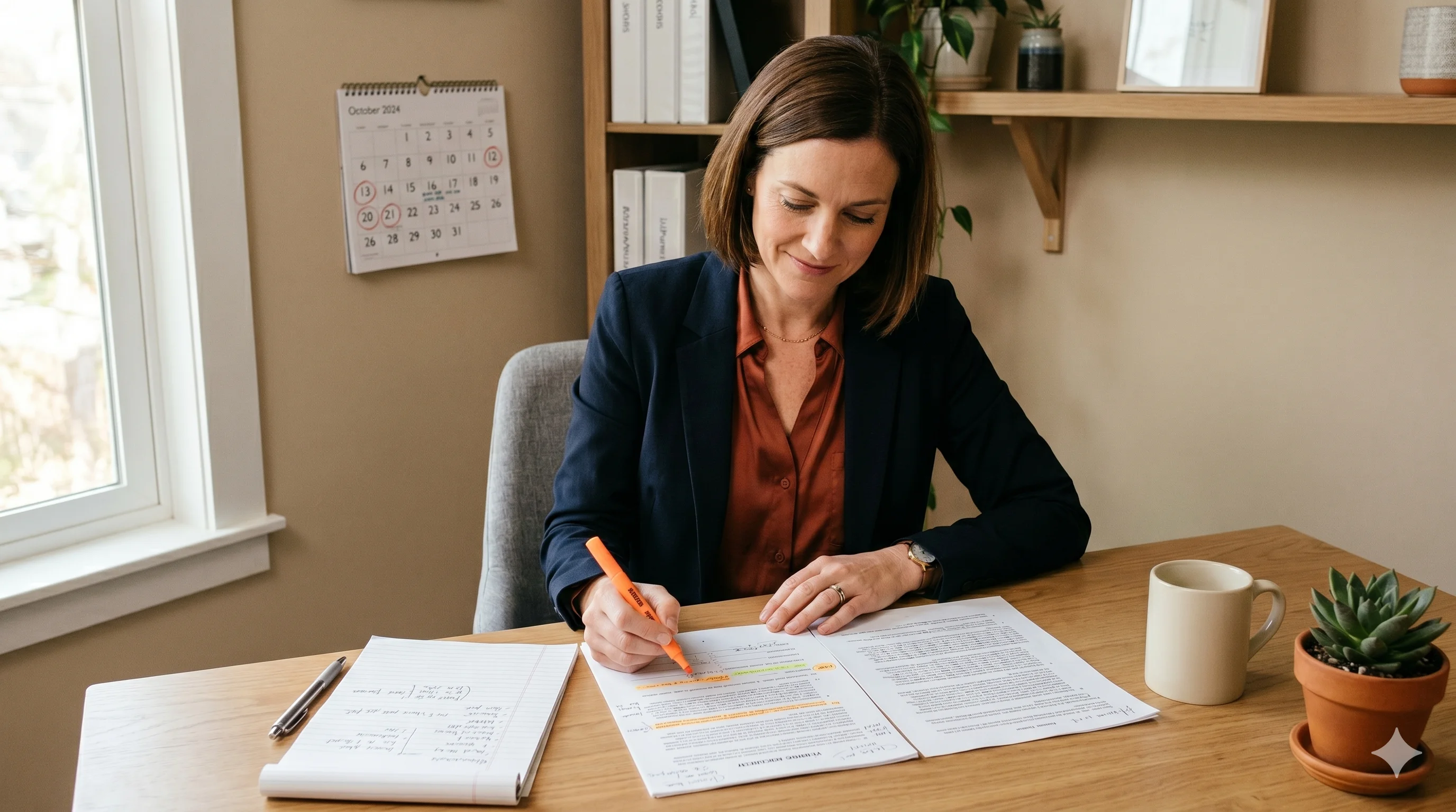 Inkoopmanager beoordeelt geprinte leveranciersovereenkomst met wandagenda waarop verlengdatums omcirkeld zijn