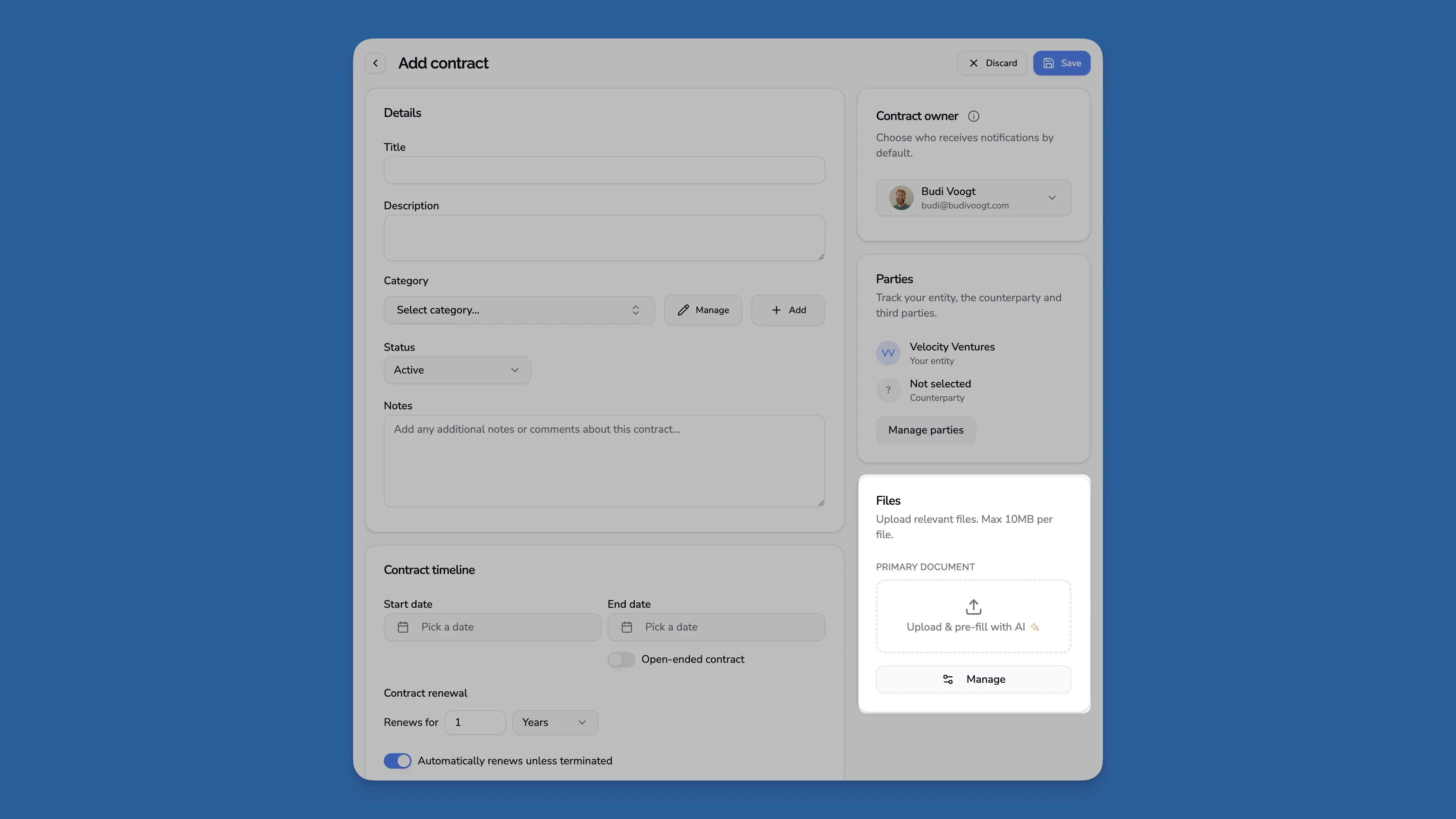 Bestandskaart in de contracteditor voor documentupload