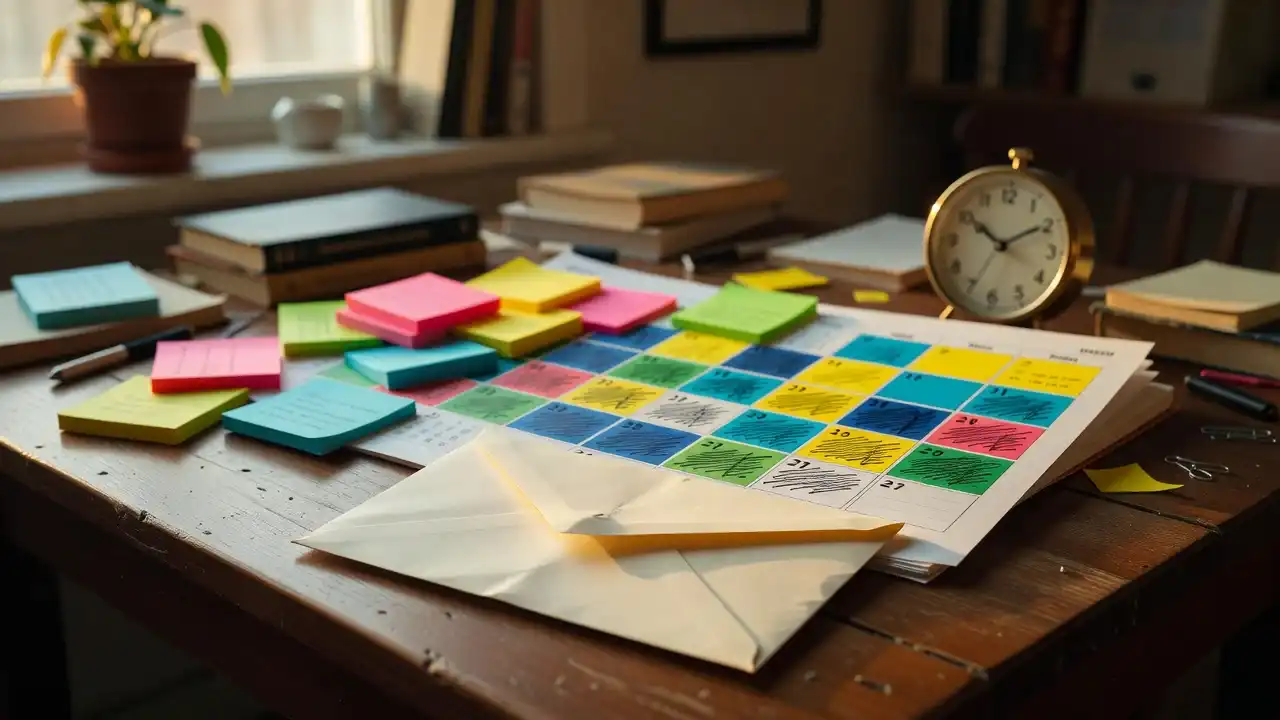 Envelope, analog clock, and a color-marked calendar on a sunlit wooden table