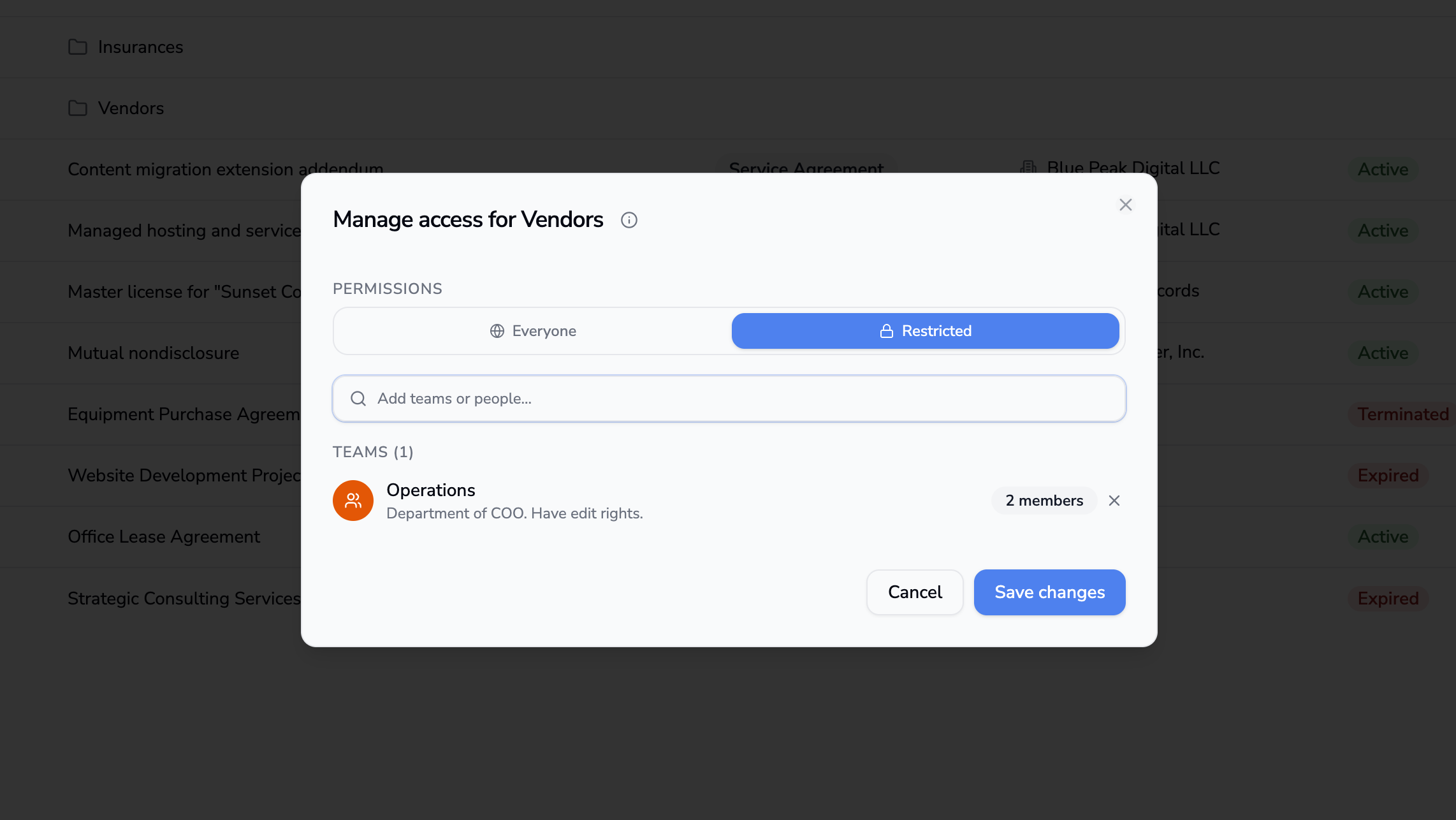 Manage access dialog for a folder with Everyone / Restricted toggle and a team selected