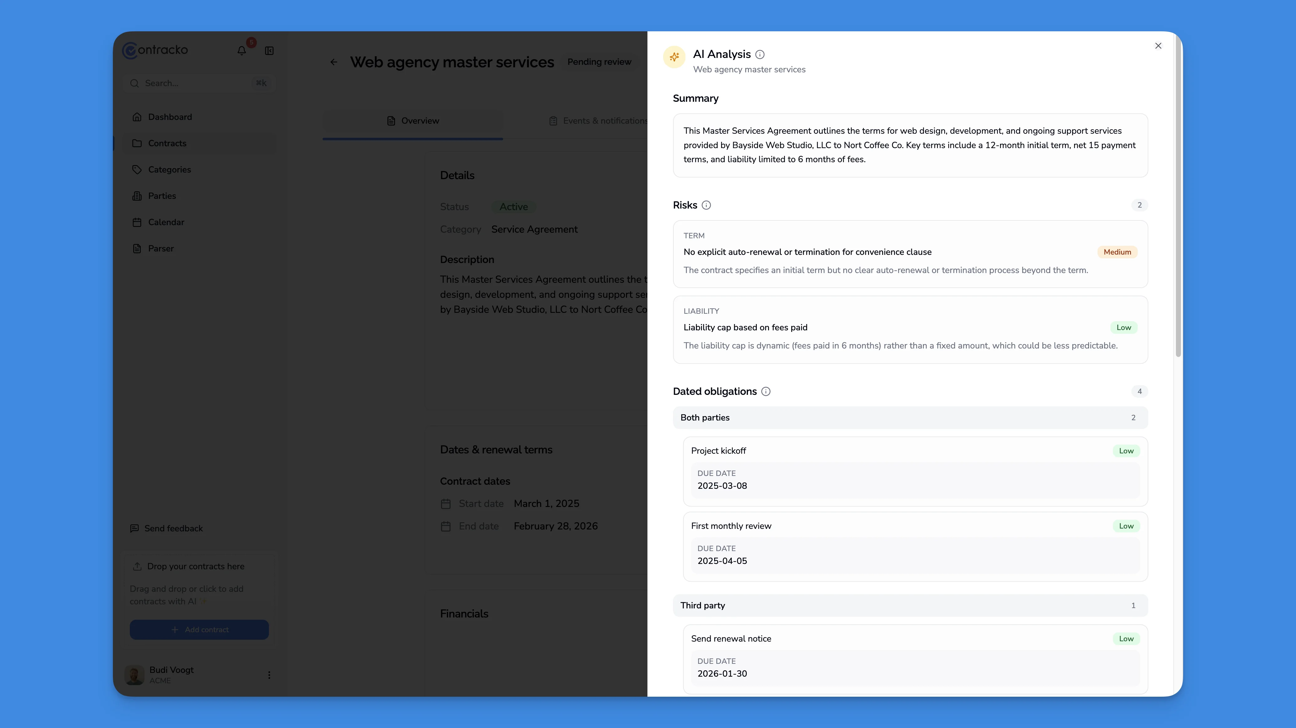 AI-contractanalyse resultaten met geïdentificeerde risico's, verplichtingen en hiaten met ernst-indicatoren