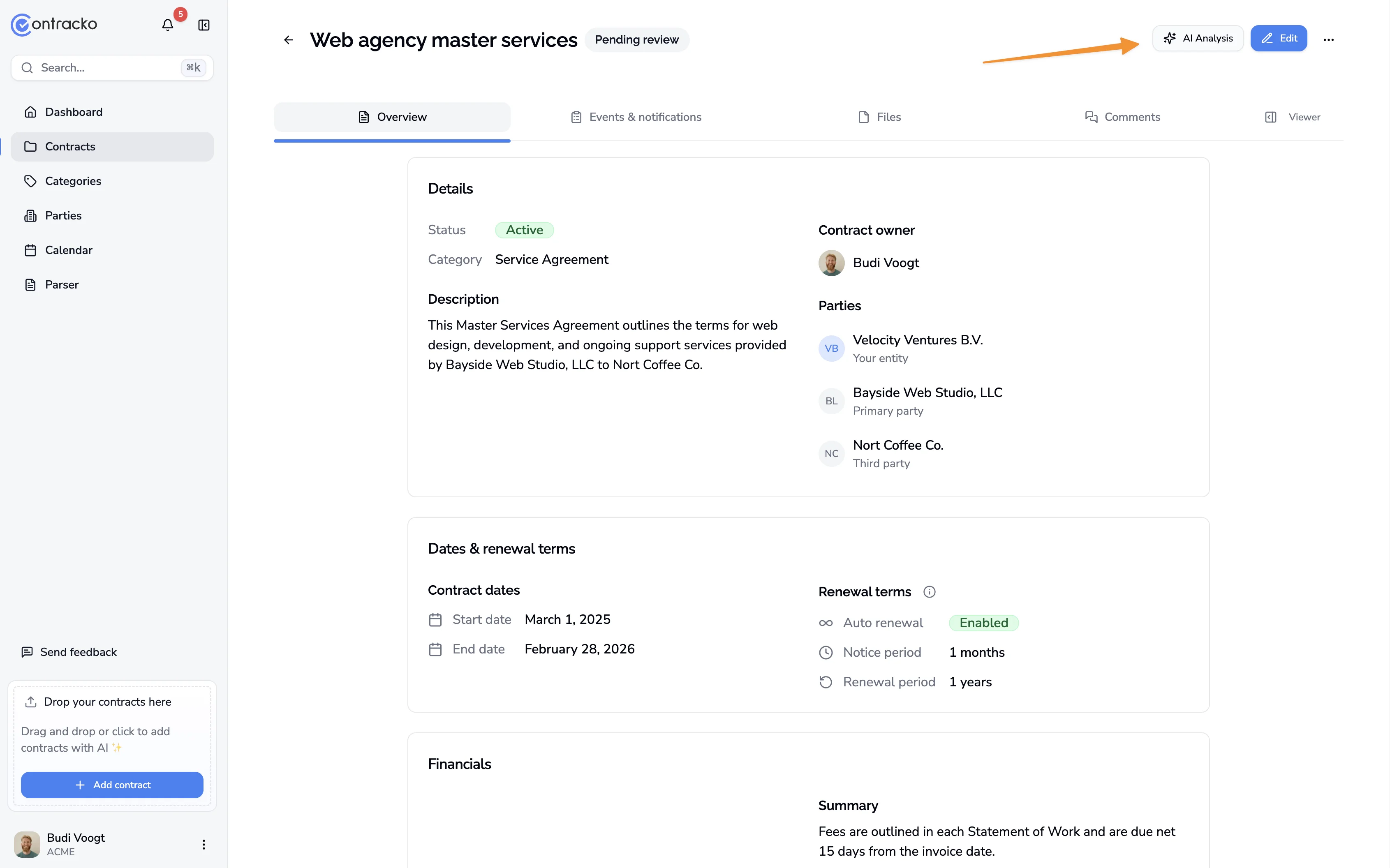 Locatie van de AI-analyse knop in de contractviewer interface