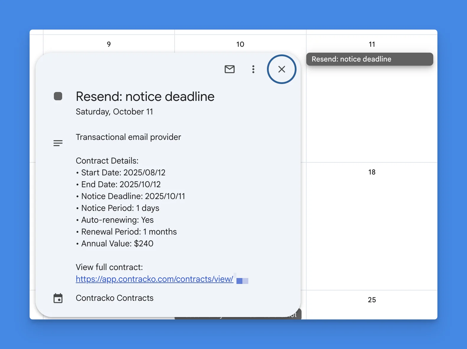 Calendar event showing contract details and Contracko link