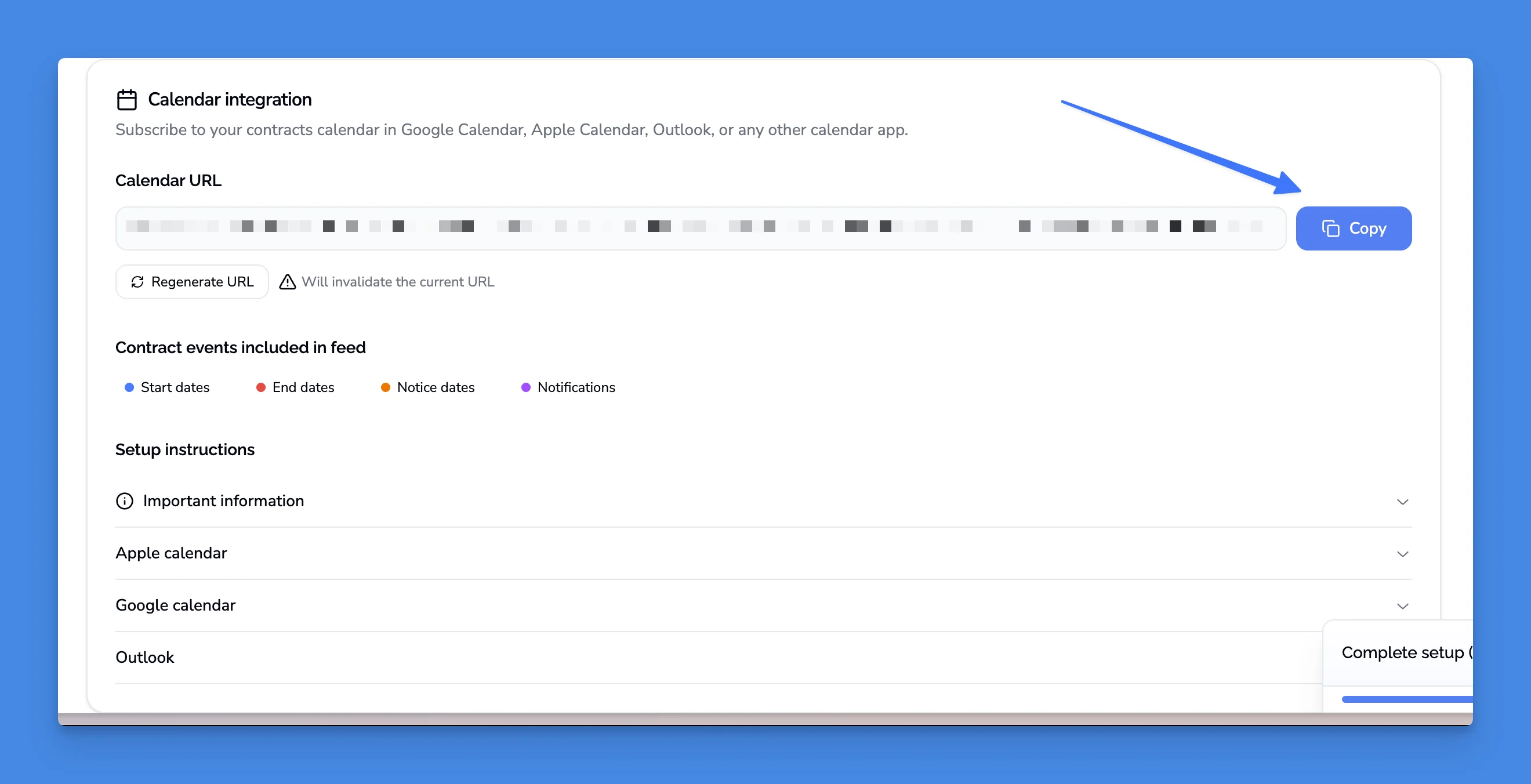 Copy ICS feed URL button in calendar settings