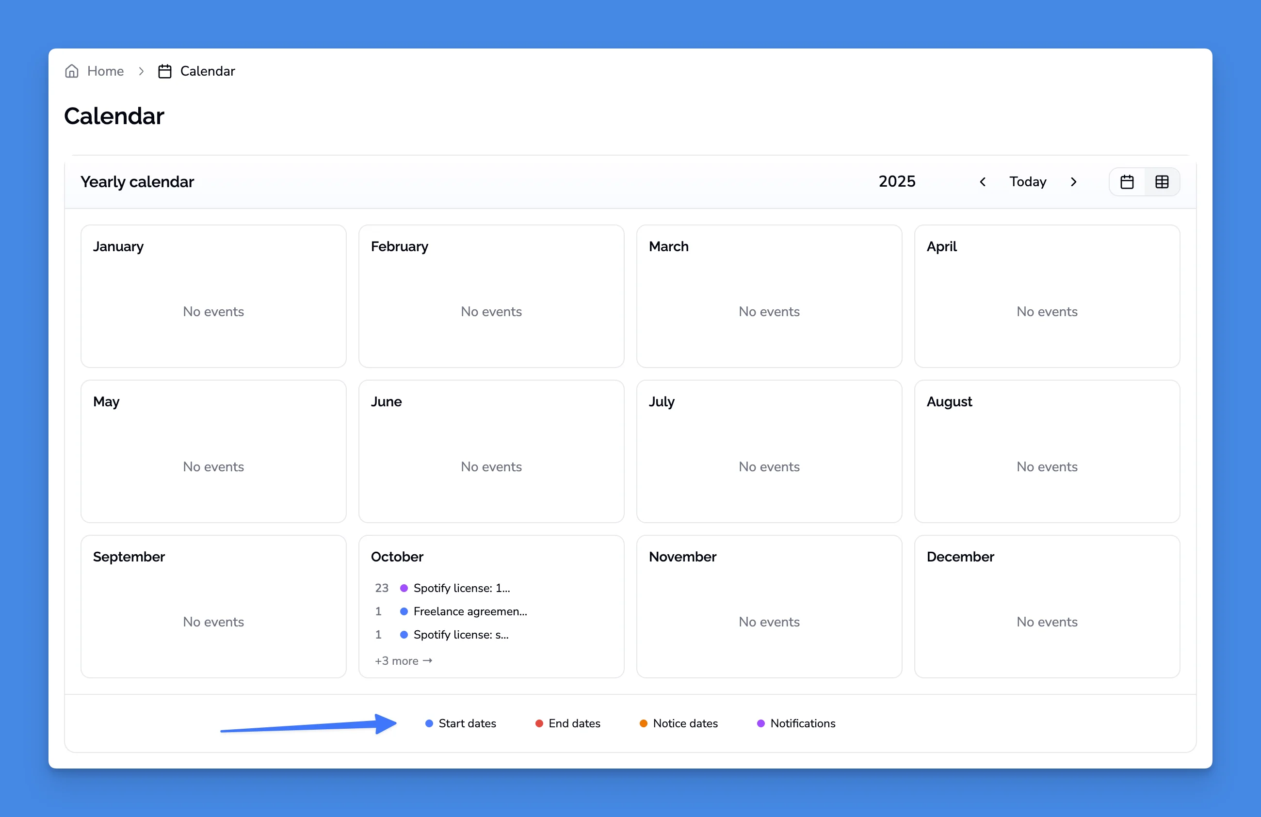 Calendar settings showing toggles for date types