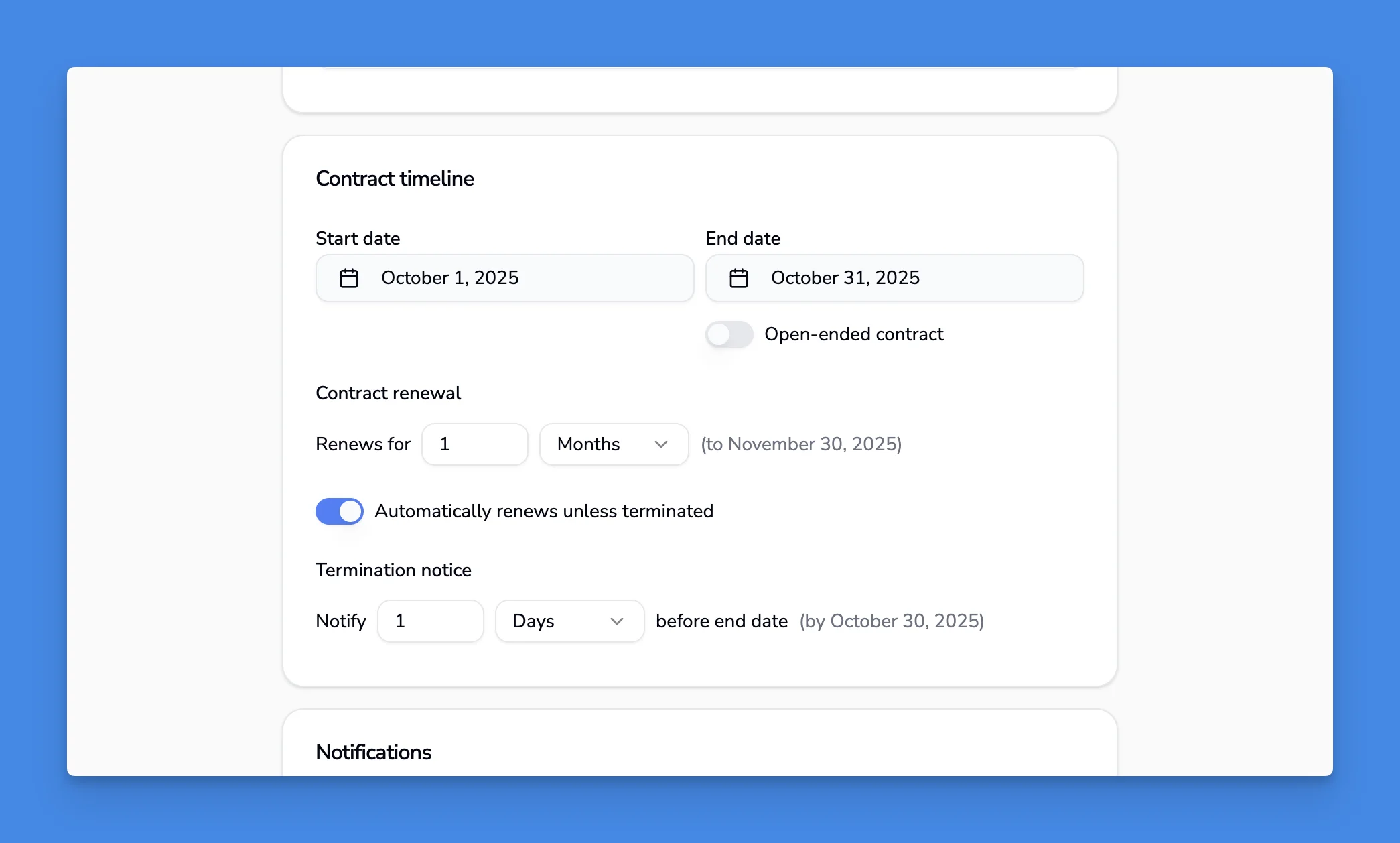 Contract editor showing end date, auto-renewal toggle, and renewal options