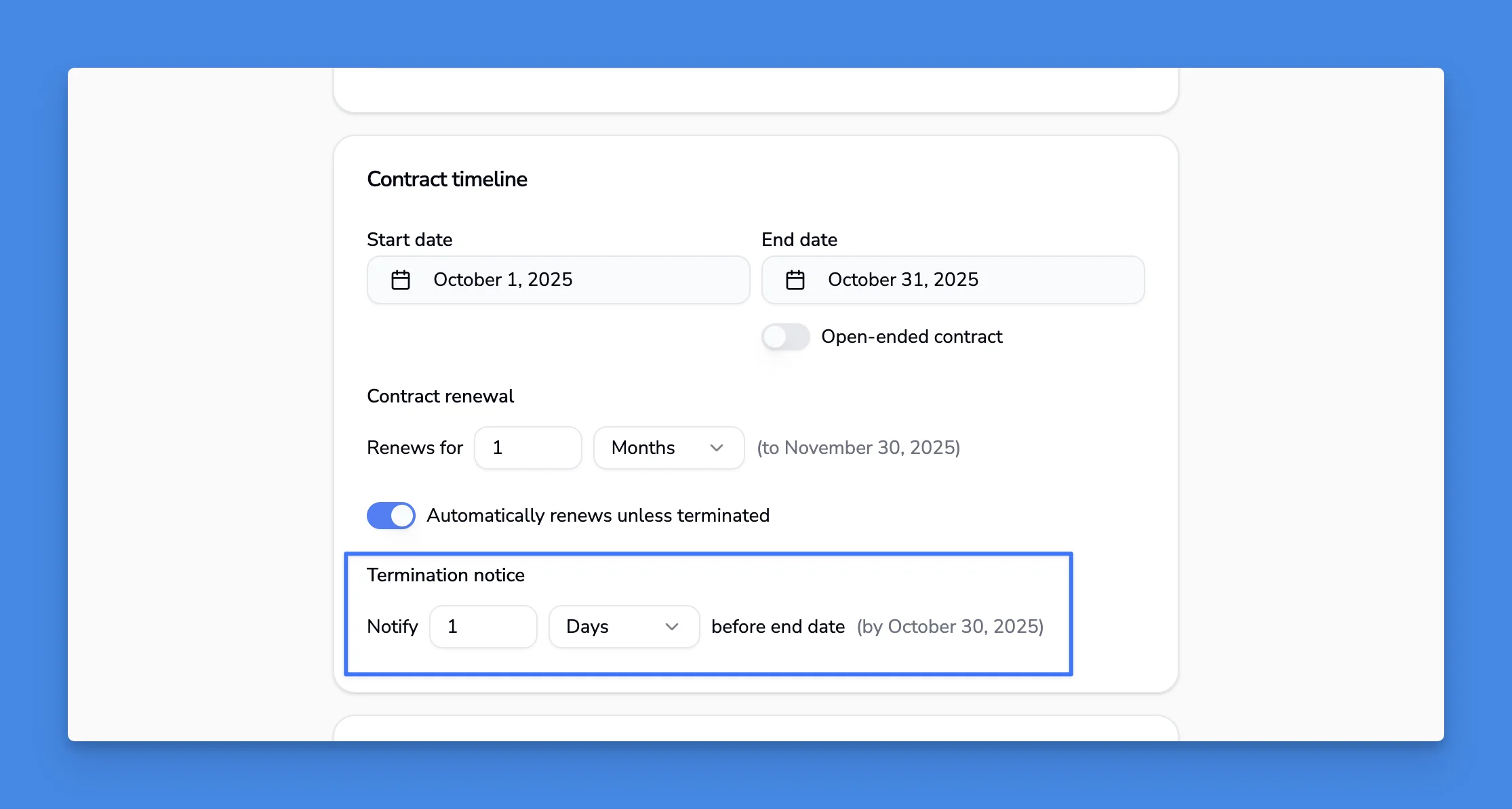 Notice period field showing days before end date for termination
