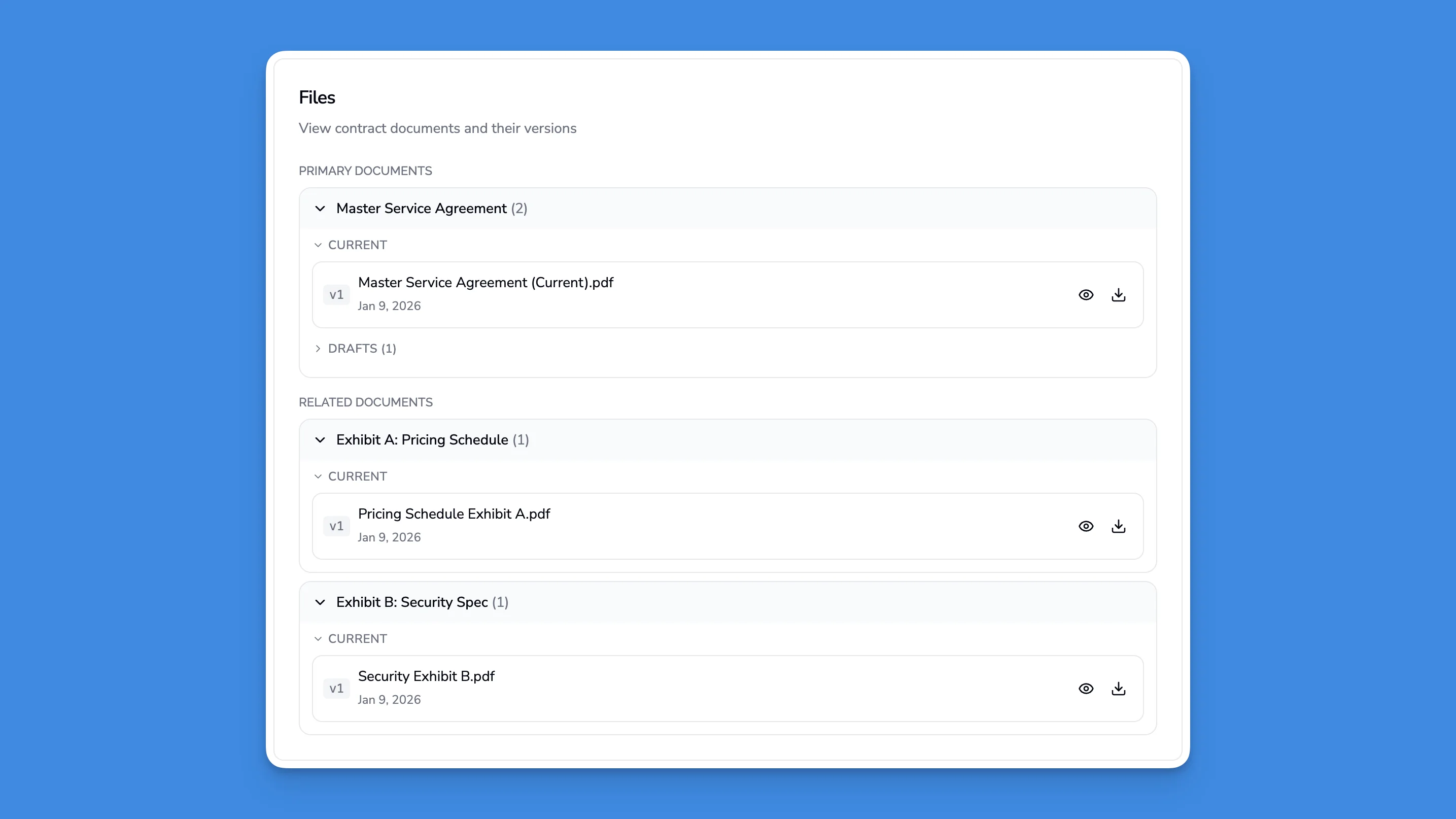 Contract viewer showing organized versions
