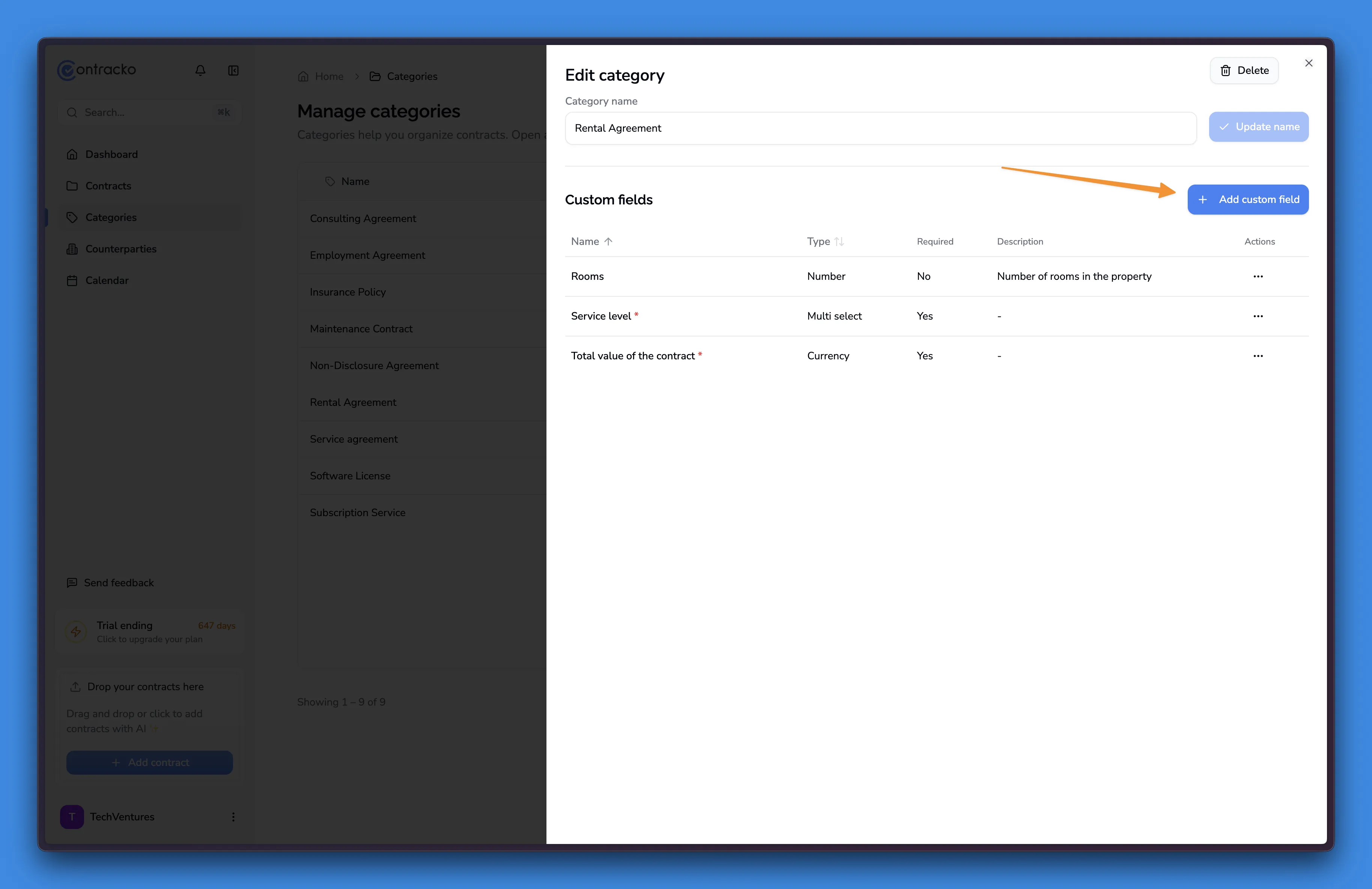Custom field creation form with type selector