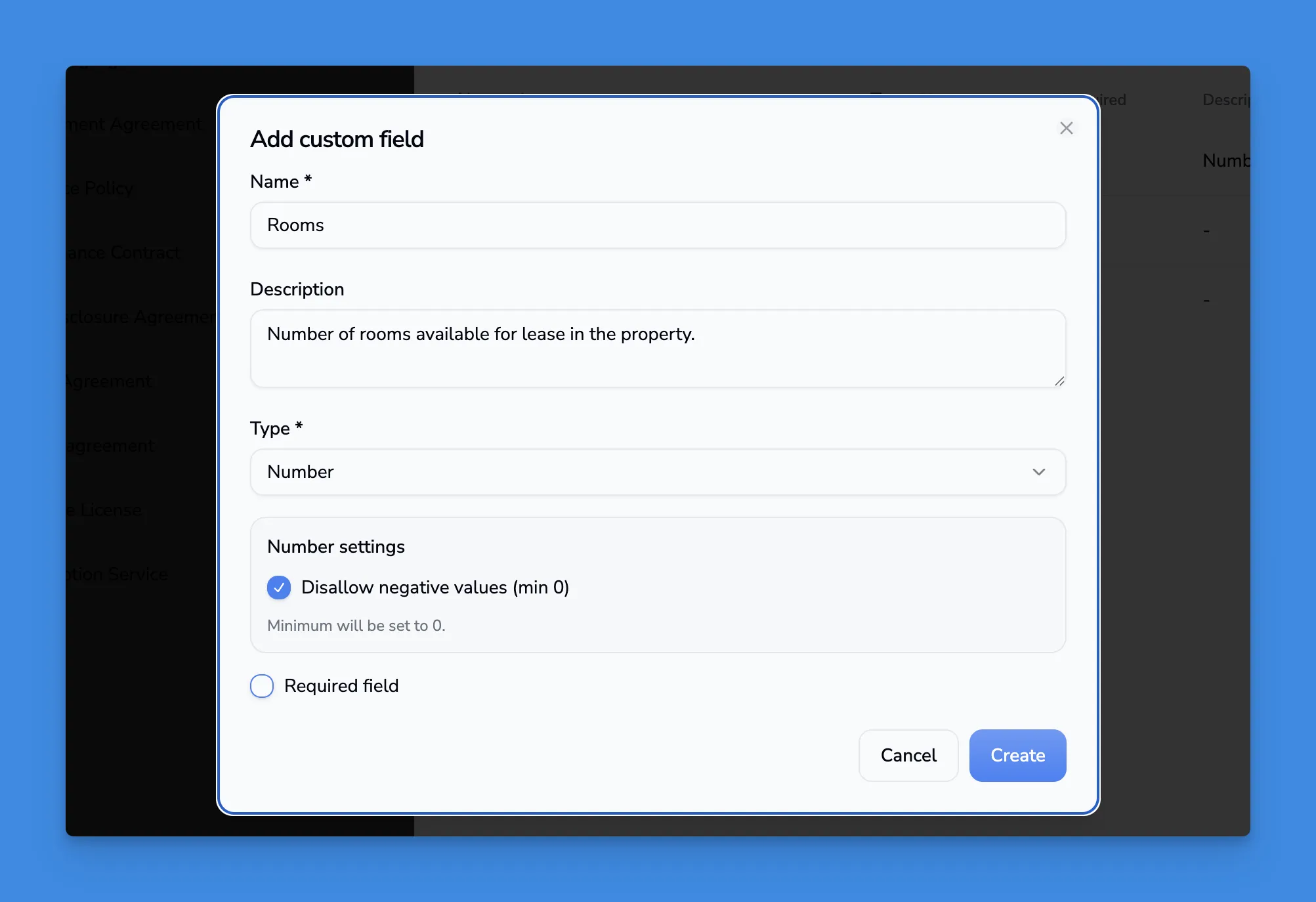 Field settings showing name, description, and required toggle