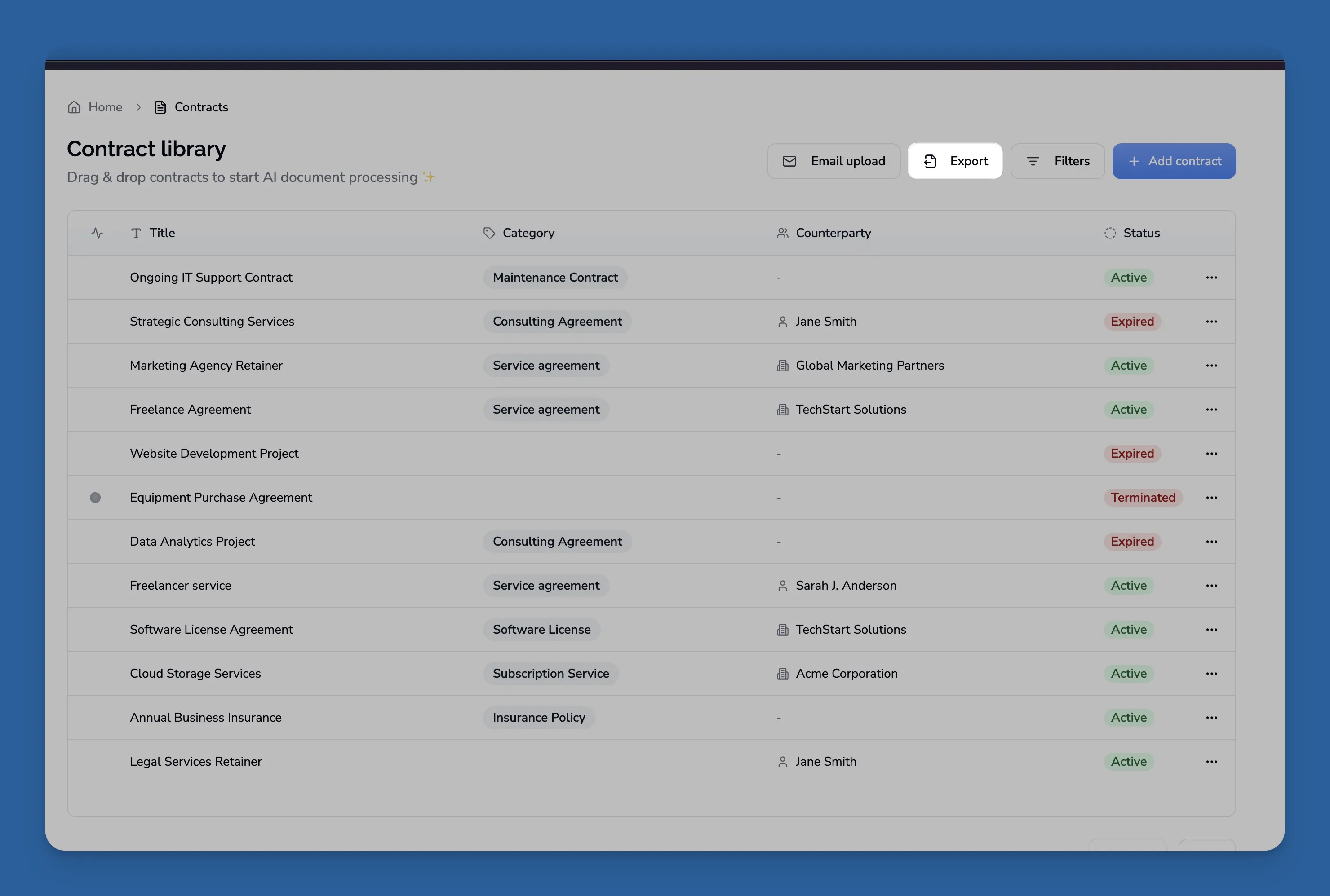 Export button in the contracts table toolbar