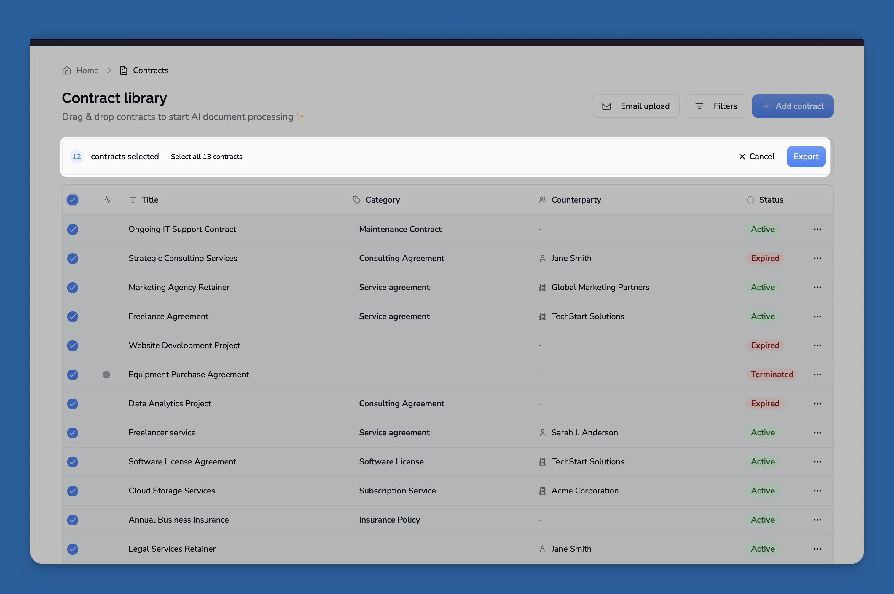 Export selection options showing view, all, or individual contracts